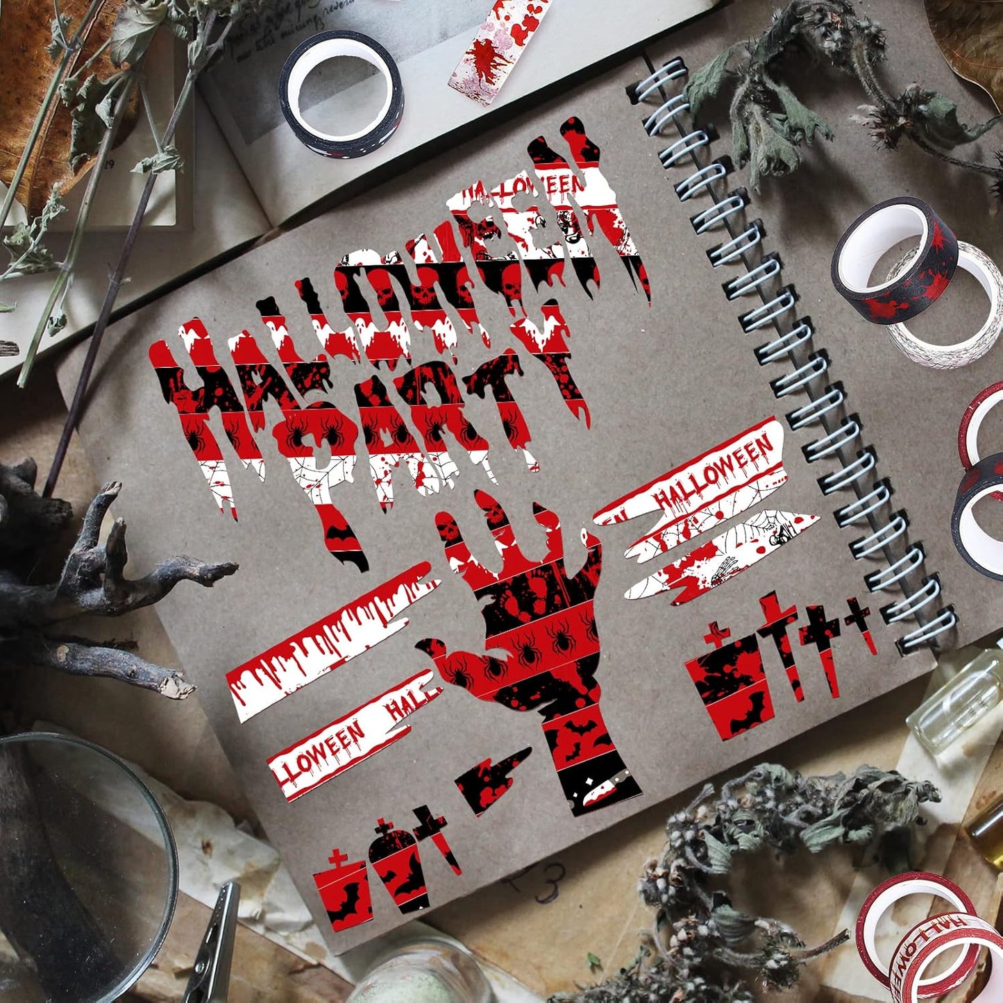 Whaline 12 Rolls Halloween Bloody Washi Tapes Blood Spatter Spooky Bloodstain Skull Ghost Masking Tapes 15mm Scary Bloody Washi Tape Set for Scrapbook Journal DIY Craft Gift Wrapping, 16.4Ft