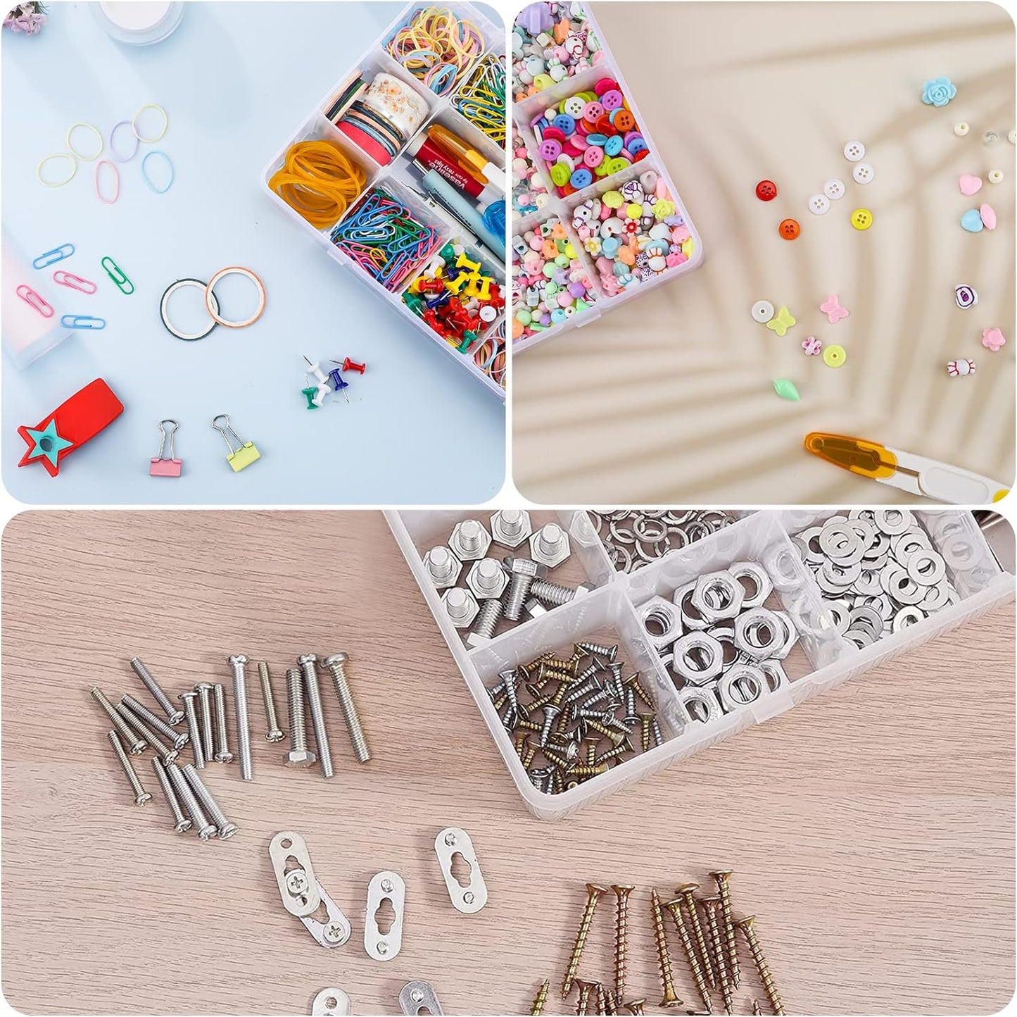 15 Large Grids Plastic Organizer Box with Dividers, 2 Pack Clear Compartment Container Storage for Washi Tapes Beads Crafts Jewelry Fishing Tackles, Size 11 x 6.3 x 2.2 in