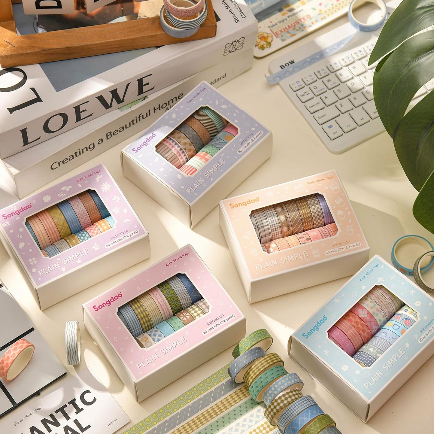 20 Rolls Basic Washi Tape Set Japanese Arts Adhesive Tapes Simple Patterns Decorative Masking Tape Sets for Craft, Kids, Scrapbook, DIY, Gift Wrapping (Style One)