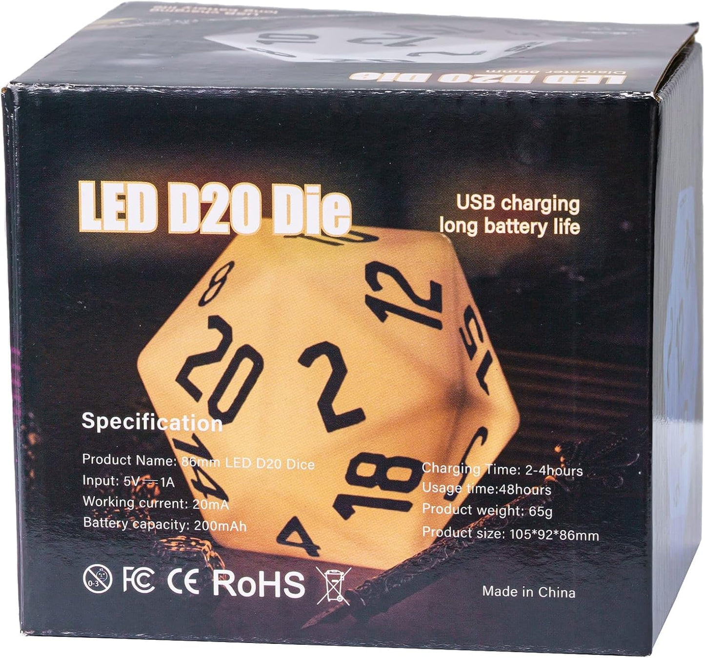 86mm Large D20 Dice DND LED 20 Sided Dice Color Changing, 3-Color Lights, for D&D Role Playing Games (White)