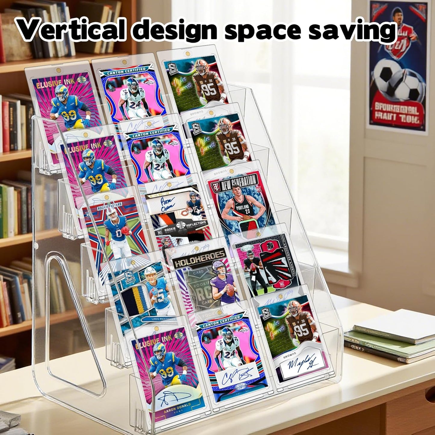 5 Tier Acrylic Card Display Stand(Tall Height), Clear Display Shelf Desktop for Trading Cards, Sports Cards, Greeting Card, Stickers & Brochures, Easy Clip-On Design
