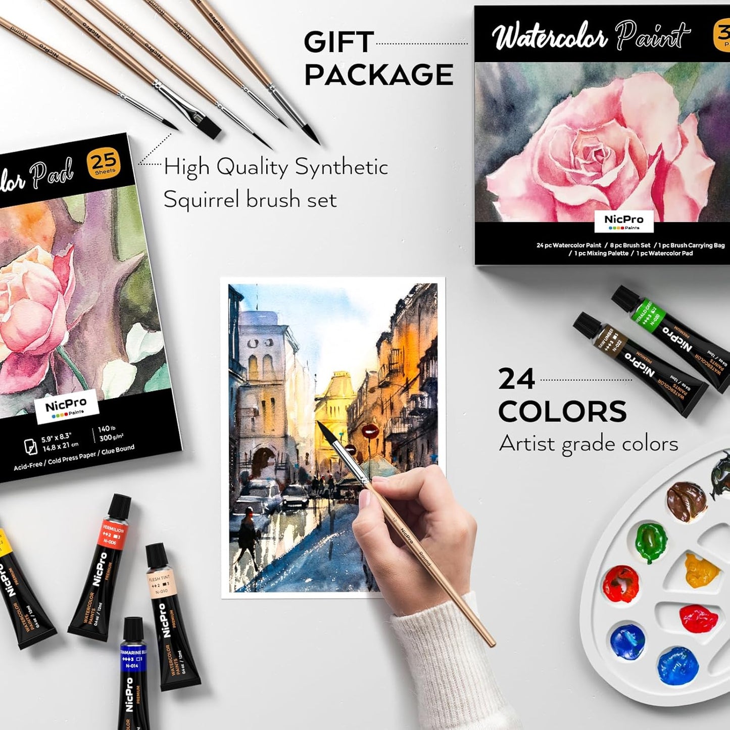 Nicpro 60 PCS Watercolor Paint Set for Adults, Beginner & Artists, 24 Tubes Water Color Paint Kit with 25 Watercolor Paper, 8 Squirrel Paint Brushes, Palettes, Color Wheel, Art Painting Supplies