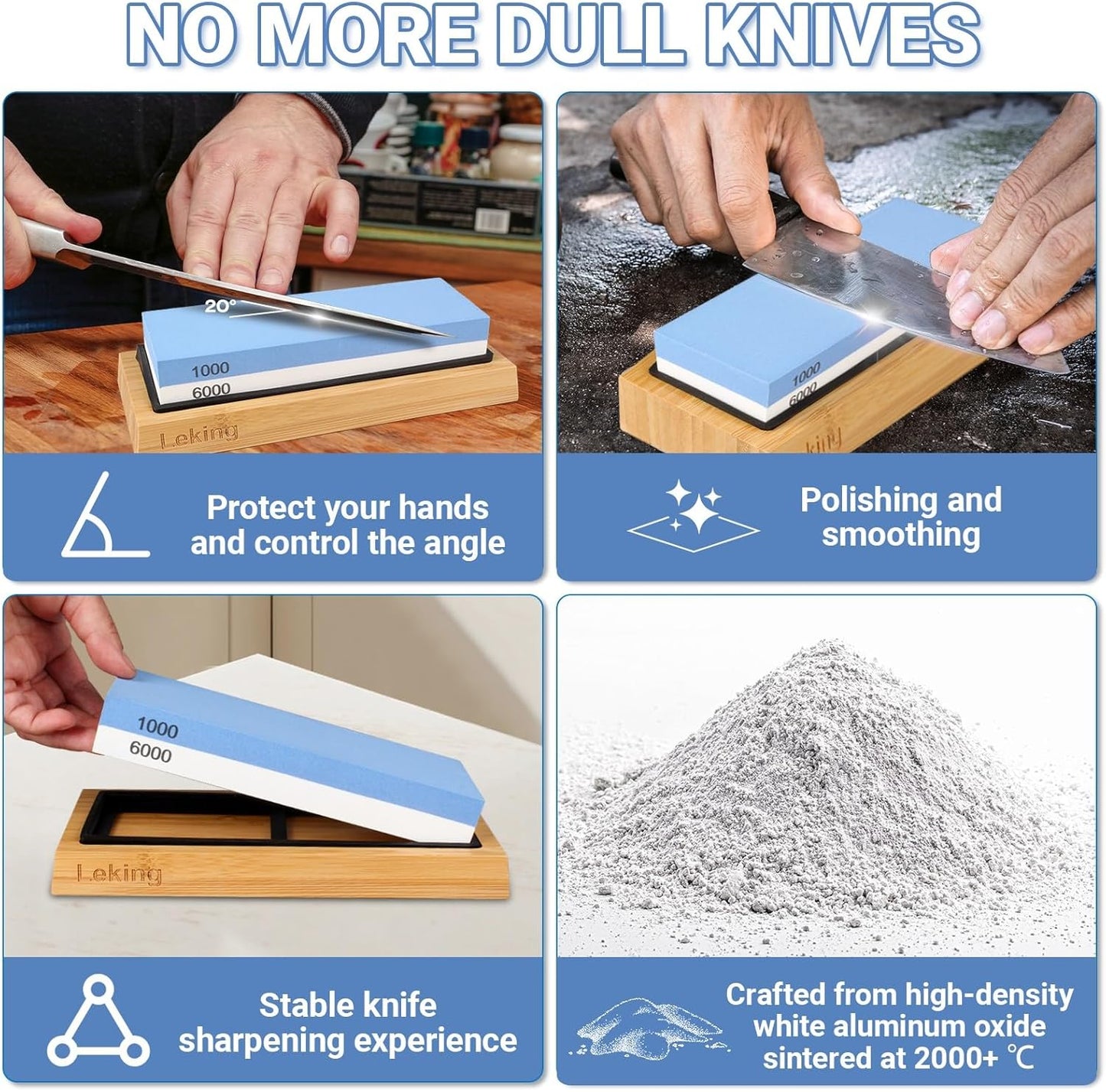 Leking Professional Knife Sharpener & Sharpening Stone Set: 1000/6000 Grit Dual-Sided Whetstone(7"x2.4"x1.2") with Bamboo Base, Non-Slip Silicone Holder, Angle Guide & Leather Strop Kit
