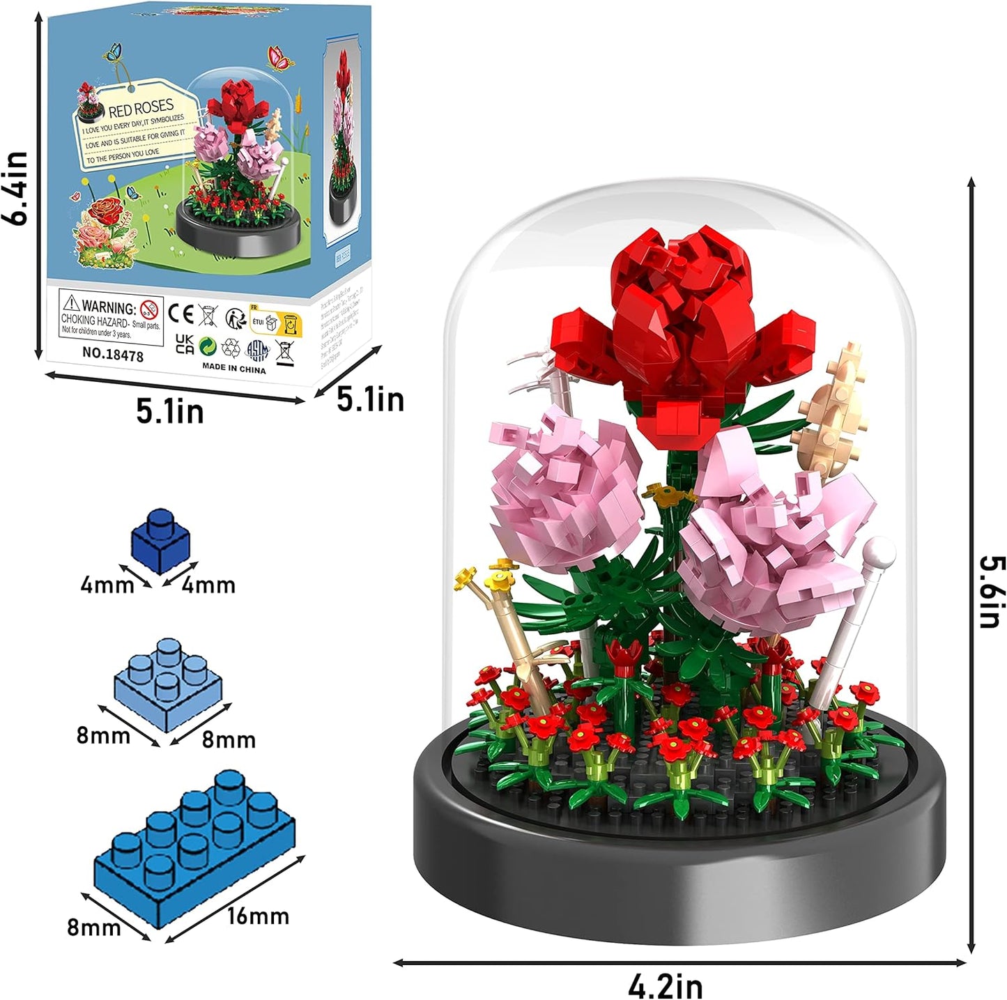 Flower Bouquet Building Kit, 524 Pcs Mini Bricks Building Blocks Sets, Forever Rose Decorated Flower with Dust Cover, Valentine's Day Gifts for Her Mom Women (Rose Flower)