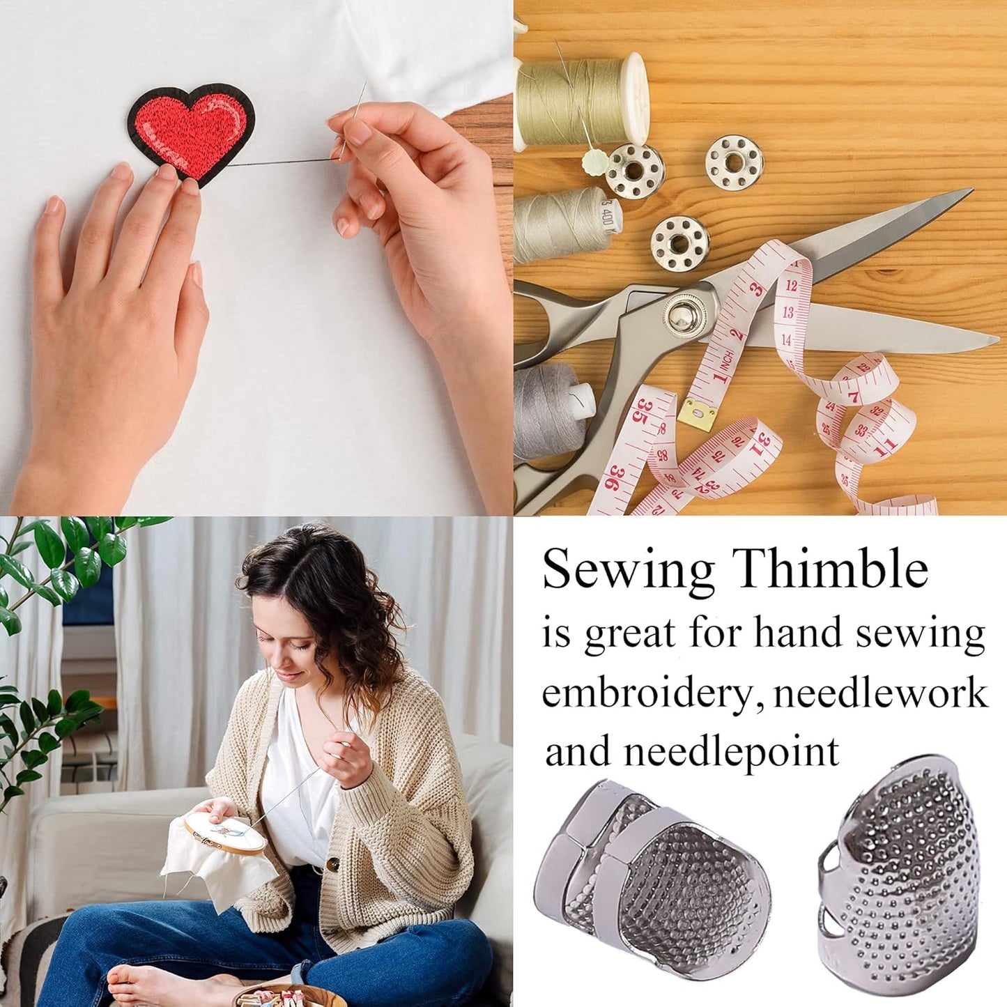 J.CARP 4Pcs Sewing Thimble, Metal Silvery Sewing Thimble Finger Protector, Adjustable Finger Shield Ring Fingertip Thimble Sewing Quilting Craft, Accessories DIY Sewing Tools (2 Sizes, S/M)