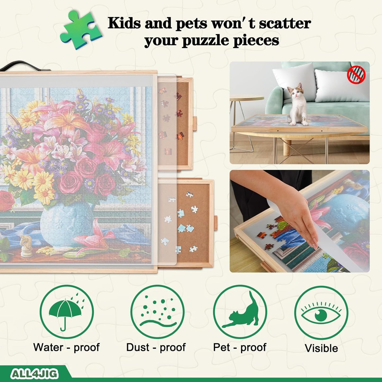ALL4JIG 2000 Pieces 2-in-1 Tilting & Rotating Puzzle Board, 40.16" x 28.5"Adjustable Angle Puzzle Board with 4 Drawers & Clear Protective Cover, Birthday Gift for mom
