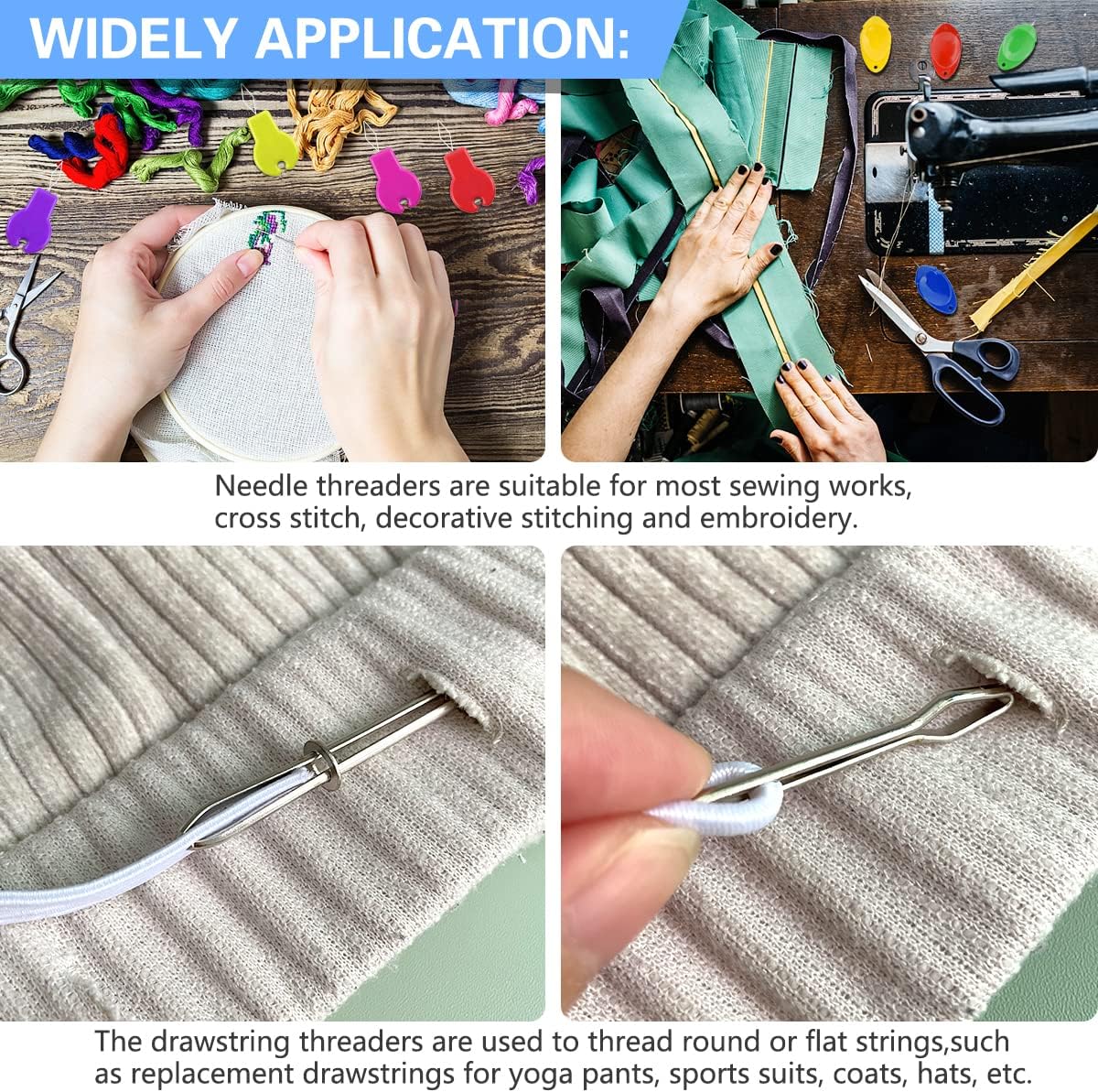 Lechchy Needle Threader for Hand Sewing & Sewing Machine - 10 Simple Needle Threaders for Embroidery Floss + 2 Seam Rippers + 2 Drawstring Threaders + 5 Needles