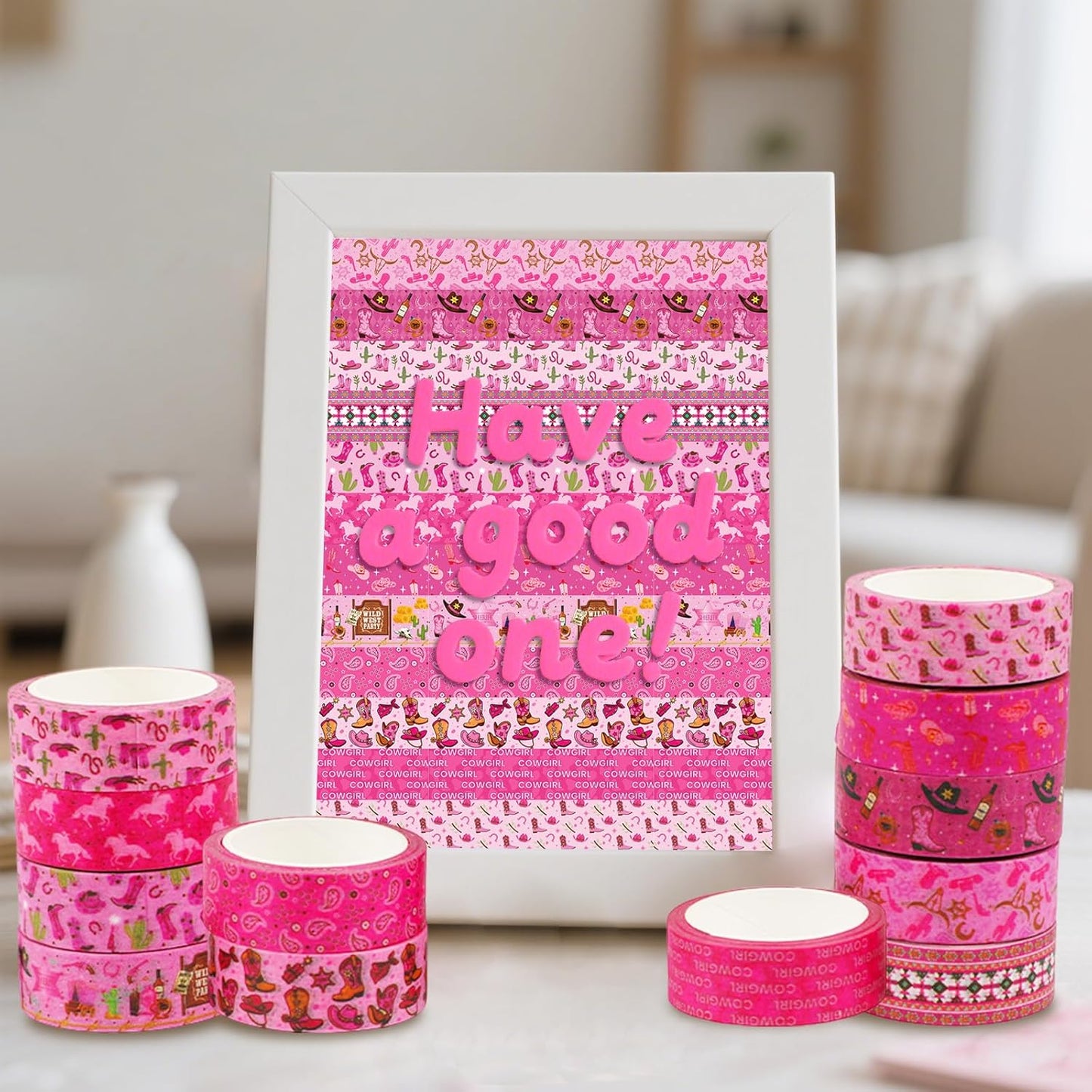 12 Rolls Western Washi Tape, Pink Wild West Masking Tapes, Western Cowboy Cowgirl Decorative Paper Stickers for Scrapbook Journal DIY Art Crafts Wrapping Birthday Party Supplies 16.4FT