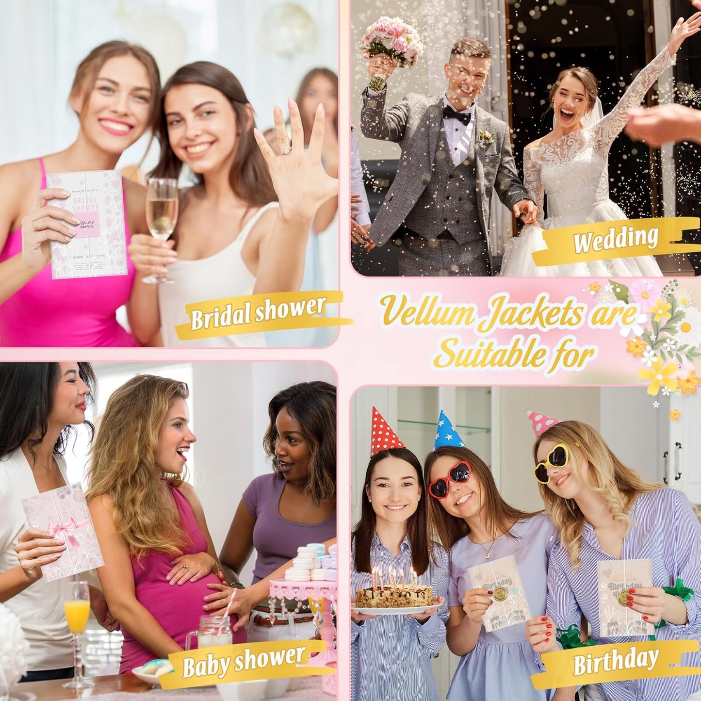 HAUTOCO 100 Pack Vellum Jackets for 5x7 Invitations, Pre-Folded Translucent 135GSM Vellum Paper Wraps, White Flower Envelope Liners Wedding Invitations Accessories