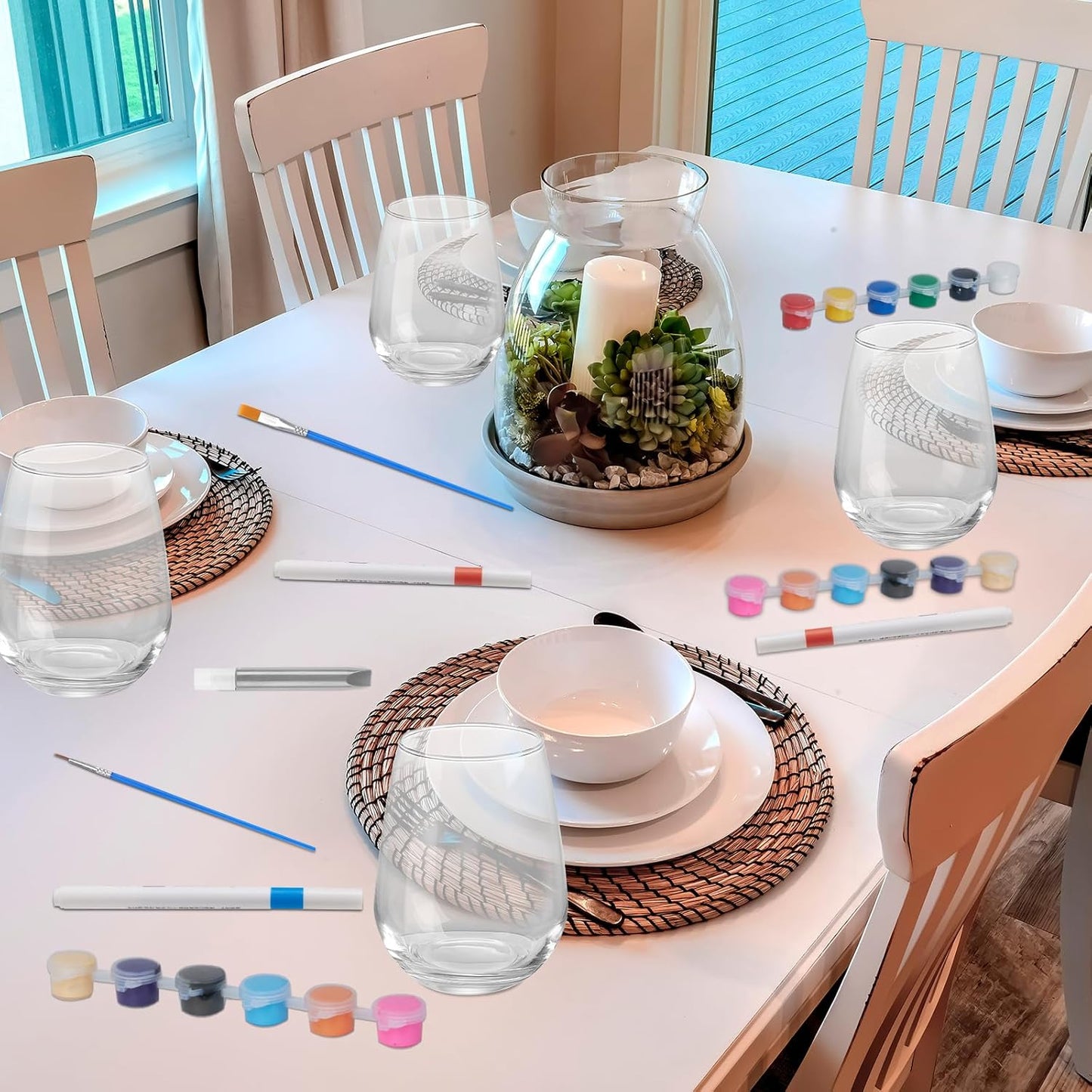 WJXCYGG 6 Sets Paint Your Own Wine Glass Set 6 Wine Glass 36 Glass Painting Acrylic Paint Strips 2 Glass Liner Pen 12 Markers with 12 Brushes and 6 Palette for Adults Lady Night Couple (Stemless)