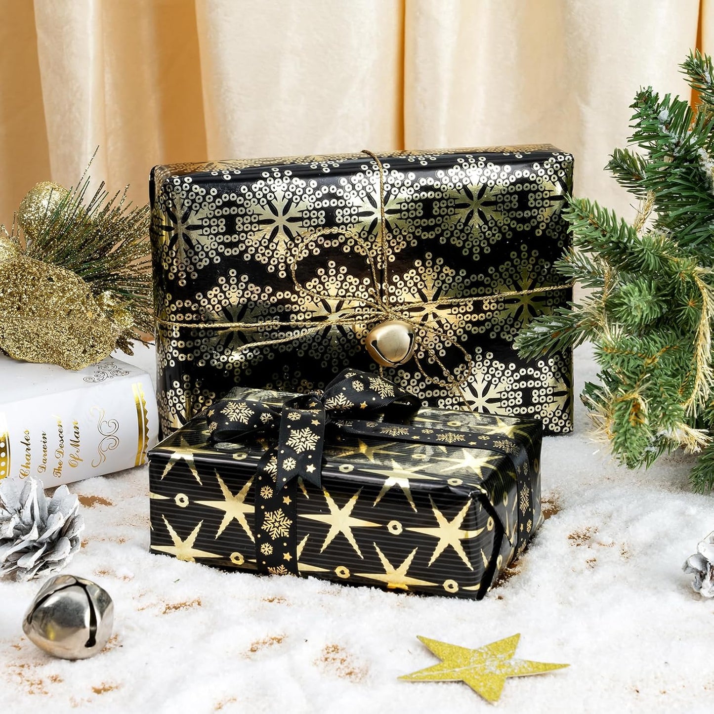 WRAPAHOLIC 30 Inch Christmas Wrapping Paper Roll - Jumbo Roll Black Gold Christmas Sleigh Holiday Design with Metallic Foil Shine - 4 Rolls - 30 Inch x 120 Inch Per Roll