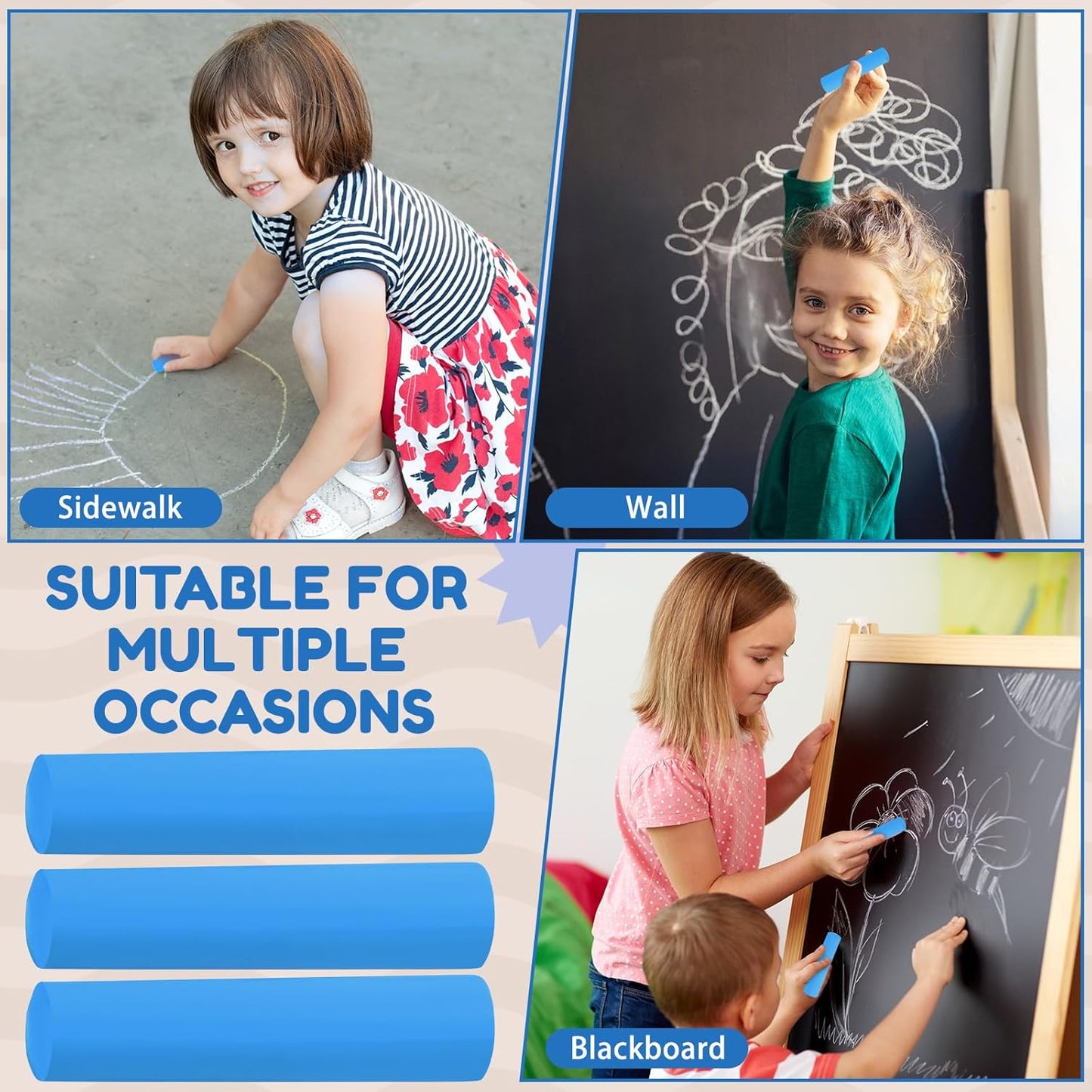 Fulmoon 40 Pcs Jumbo Sidewalk Chalk for Kids Outdoor Art Non Toxic Large Washable Street Chalk for Adults Drawing Painting Classroom(Blue,Round Style)