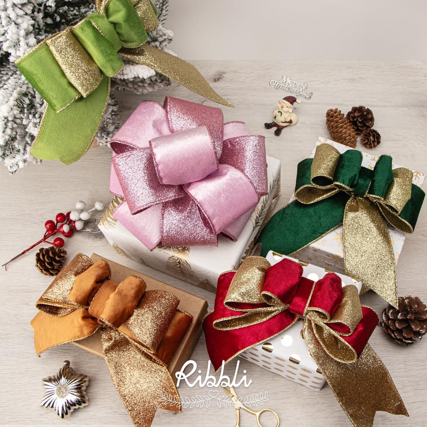 Ribbli Forest Green Velvet Wired Ribbon 2.5 Inch Green Velvet with Gold Glitter Christmas Ribbon for Christmas Tree Decoration Big Bow Gift Wrapping Crafts Wreaths Supplies- 10 Yards