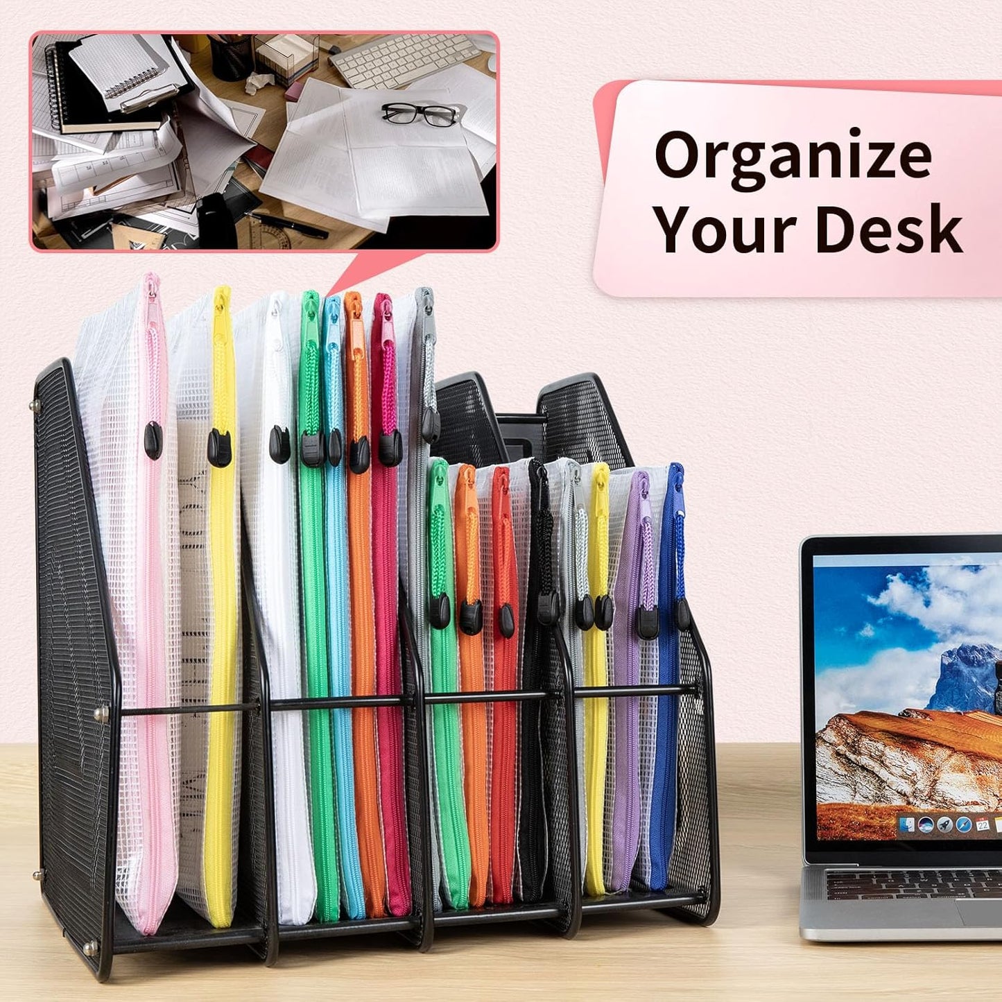 Umriox Mesh Zipper Pouch Bags, A3+A4 (12 Colors, 24 Packs), Large Storage Bags, Zipper Bags for Office Supplies Travel Accessories and Board Games Storage