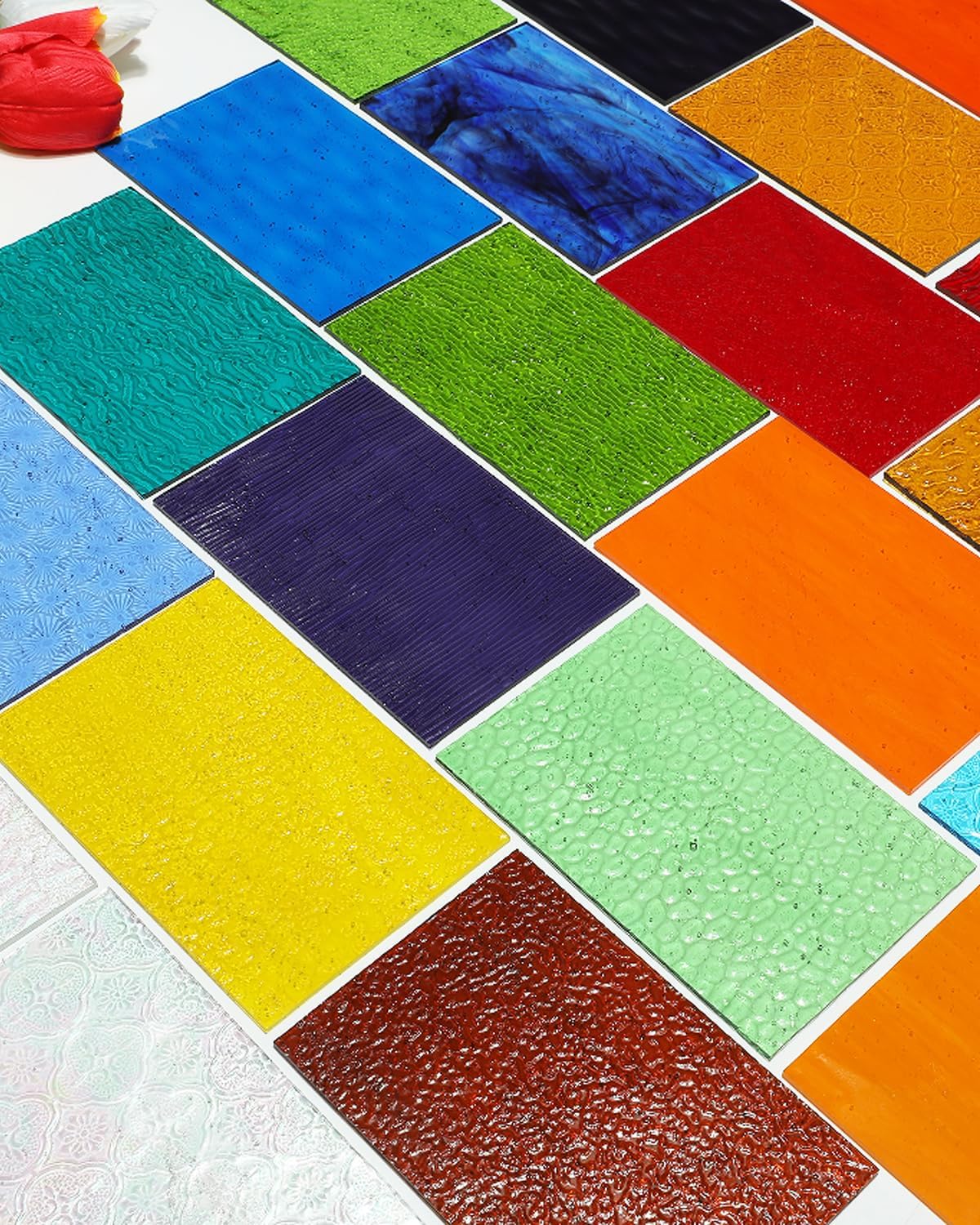 50 Transparent Stained Glass Sheets Bulk, Variety Colors Textured Cathedral Art Glass Sheets for DIY Mosaic Crafts, 4”x6” Vibrant Colored Glass Tiles Pieces for Home Decor