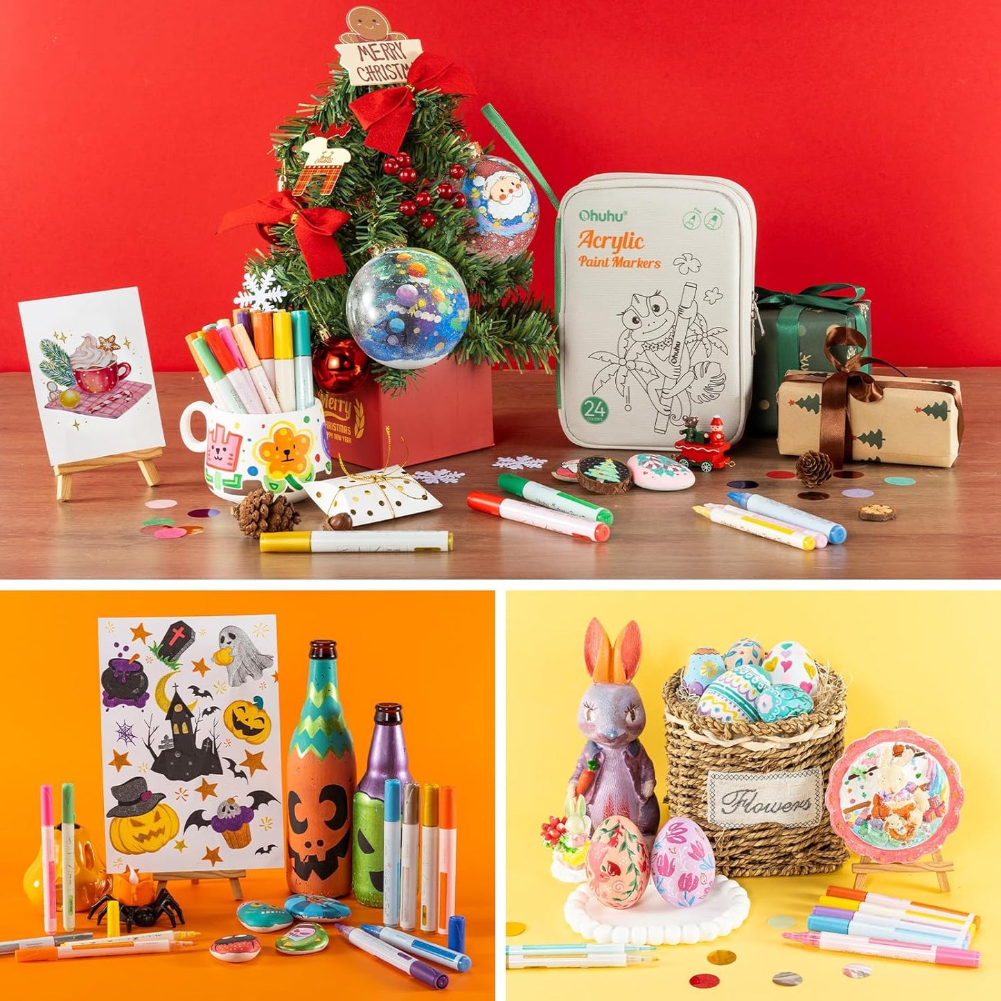 Ohuhu Acrylic Paint Markers, 48 Paint Pens Set of 24 Fine & 24 Round Tip in Same Assorted Colors - Reversible Chisel & Round - Good Coverage Acrylic Markers for Rock Painting Easter Egg Wood Plastic