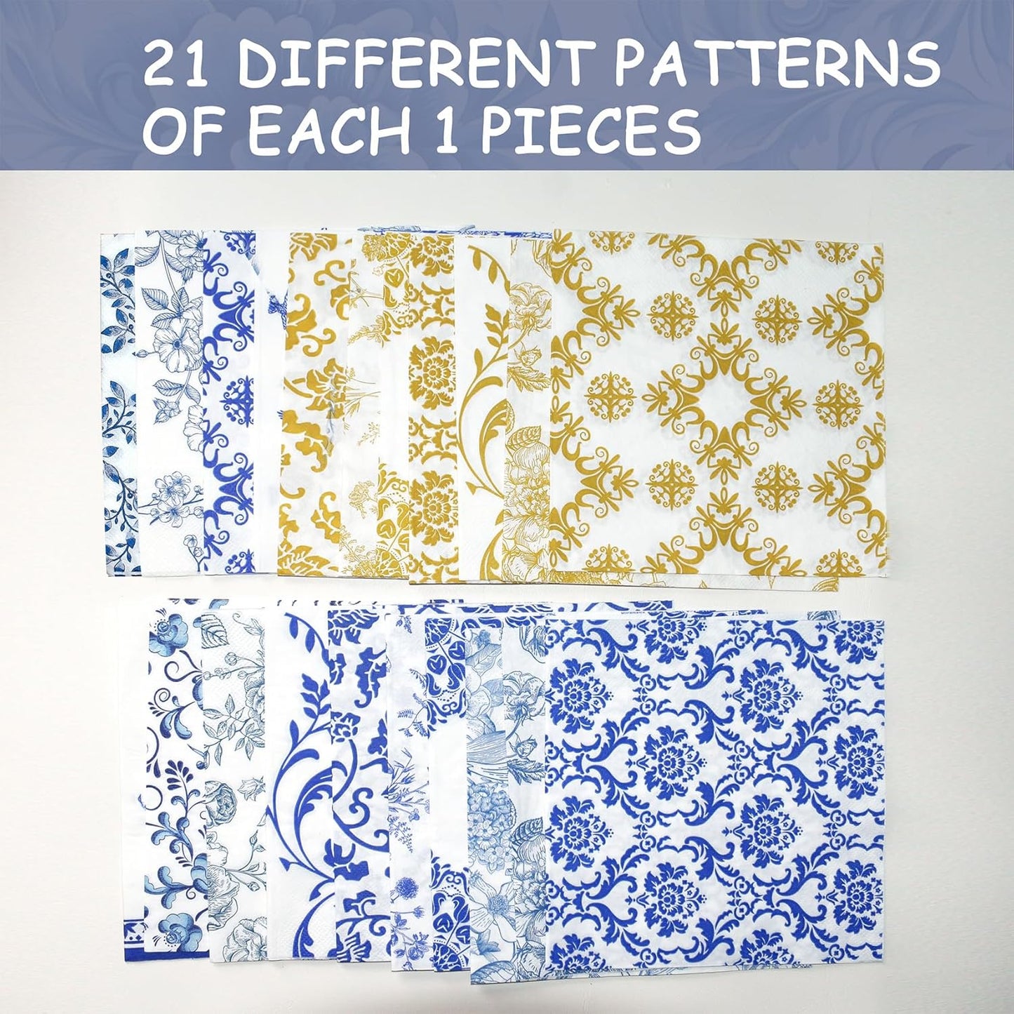 21 Pack Assorted Floral Napkins Decoupage Decorative, Decoupage Napkins Cocktail Decorative Paper for Birthday Party Beautiful Gorgeous, 21 styles of decorative paper (Blue and Gold Floral)