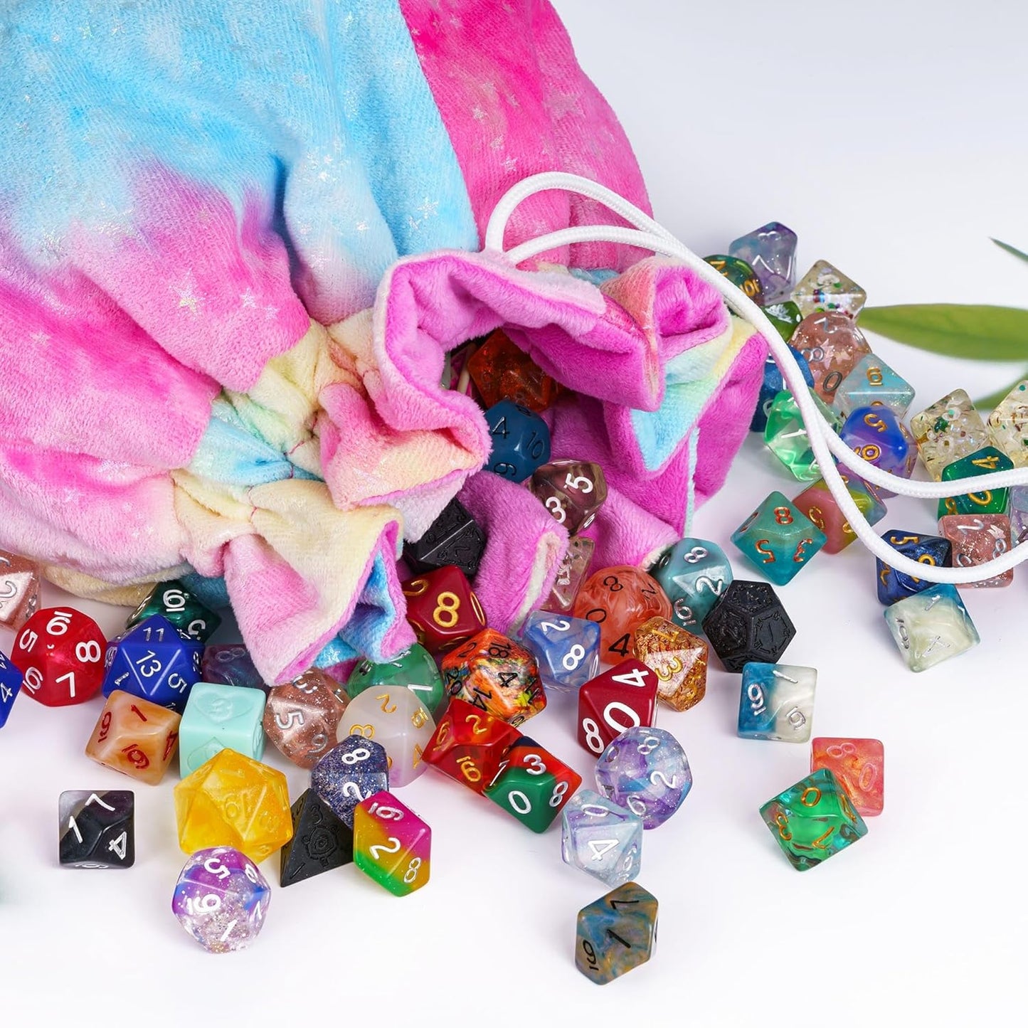 Large Dice Bags with Pockets Rainbow Storage Bags Star Pattern for DND RPG Games (with 1lb Random DND Dice)