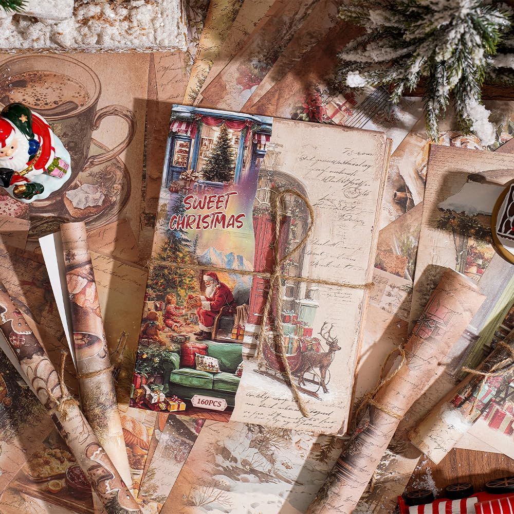 160 sheets of Christmas scrapbook paper, journaling scrapbook supplies craft collage paper set, junk journal bullet journal poster room decor for card making decorative gifts