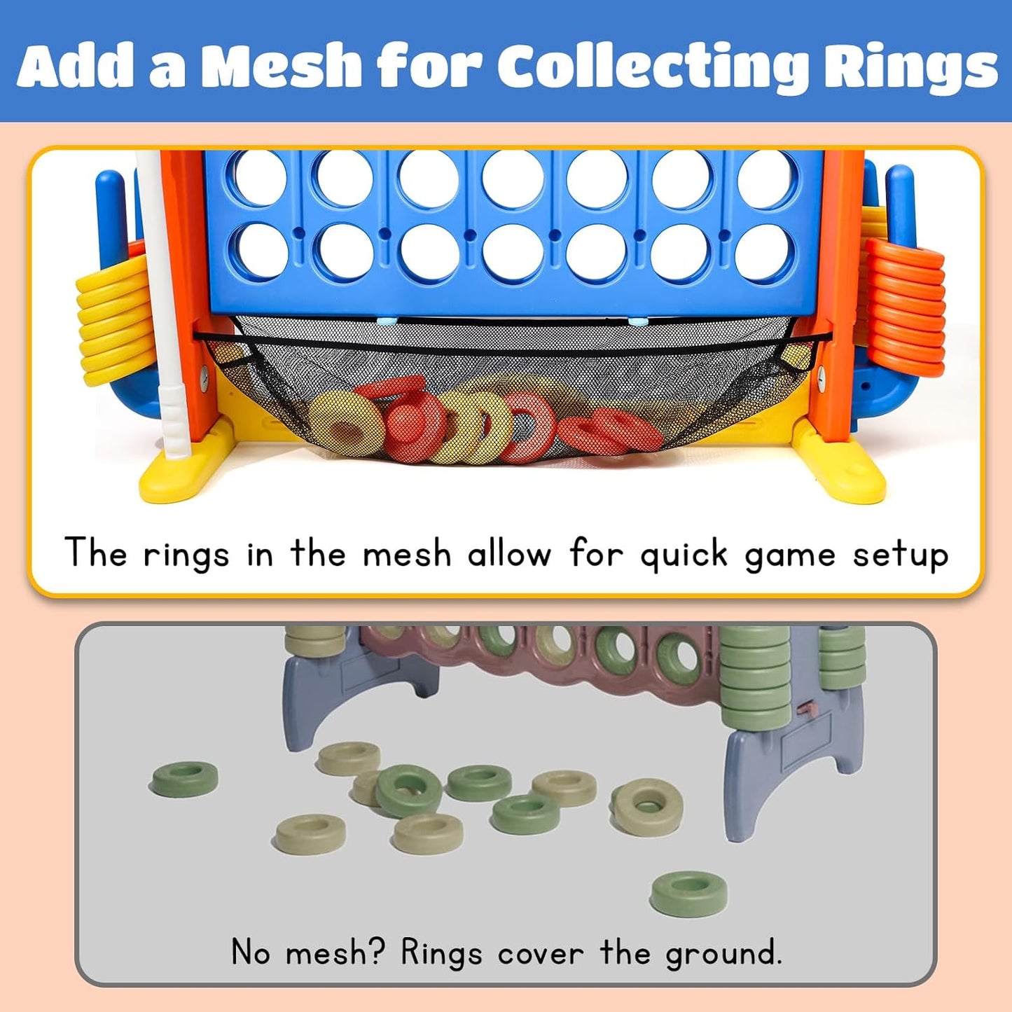 Giant 4 in a Row Connect Game with Mesh Fabric | Height Adjustable 4-in-1 Jumbo 4-to-Score Yard Game Set with Basketball, Golf & Ring Toss | Outdoor Indoor Family Yard Party Game for Kids & Adults