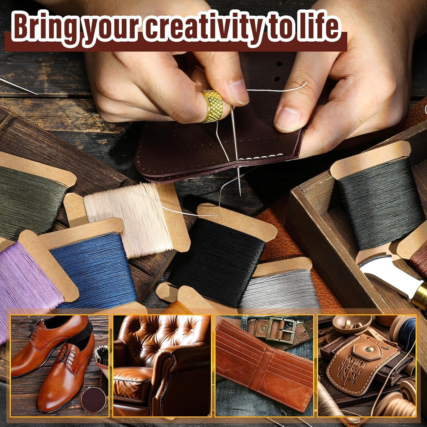 Repair Sewing Kit, Upholstery Needle with 32 Yard Waxed Thread and 8 Pcs Heavy Duty Leather Needles for Hand Stitching, Canvas & Quilting - 0.55mm Round Waxed Thread Dark Red