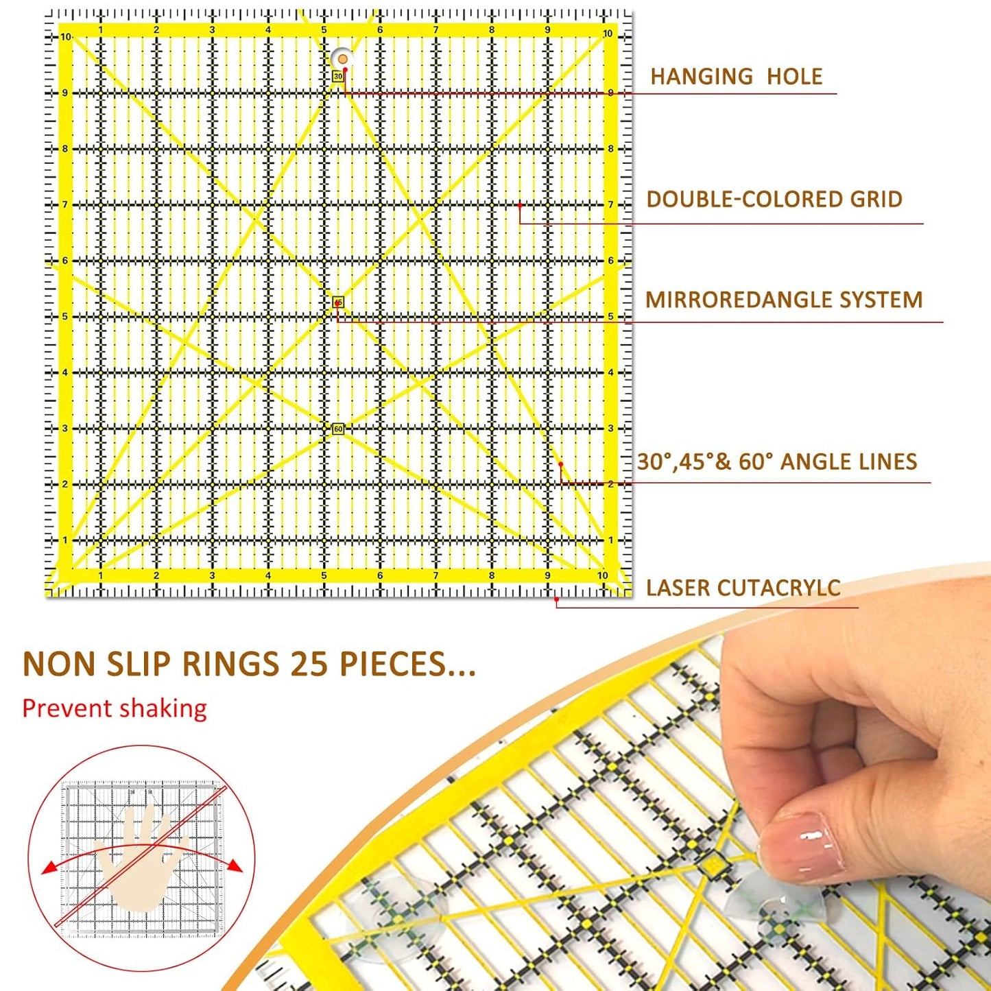 Quilting Rulers, Sewing Rulers, 4 Piece Quilting Square Templates, Acrylic Rulers with Non-Slip Rings for Sewing (3.5"X3.5", 5"X5", 6.5"X6.5", 10.5"X10.5") (Yellow)