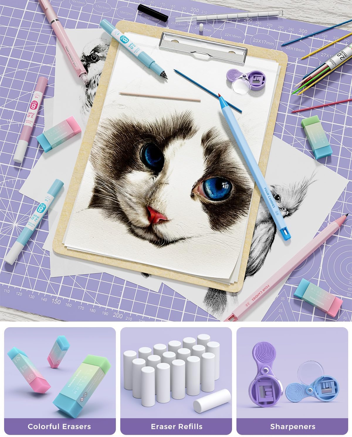 Four Candies 36PCS Aesthetic School Supplies, Mechanical Pencils 0.5mm, 0.7mm, 0.9mm & 2.0mm with 624PCS Lead Refills, Cute Mechanical Pencils for Writing, Drawing & Drafting (Pink)