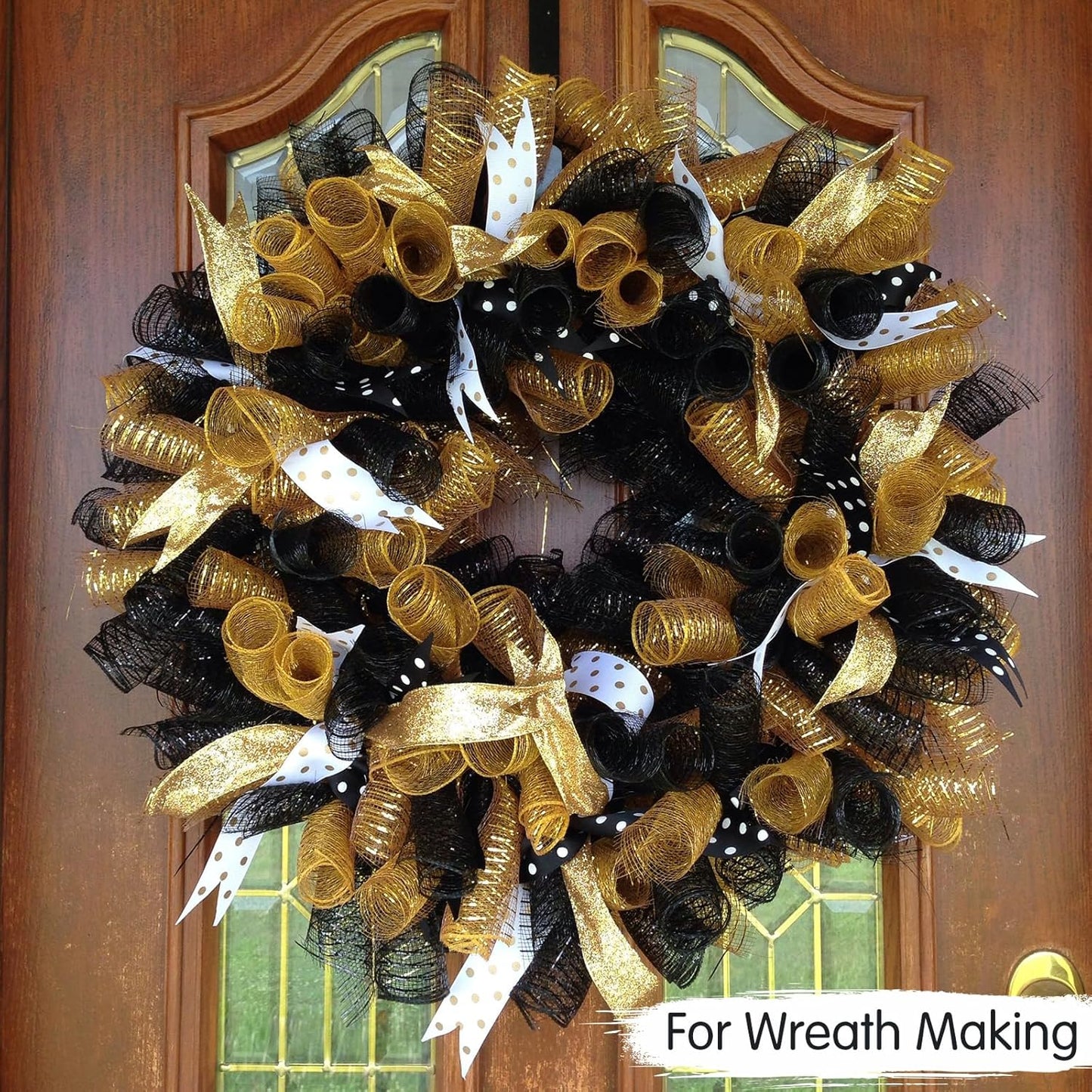 TONIFUL 2 Rolls 10 Inch Dark Gold Decorative Mesh Ribbbon Rolls, Fabric Mesh with Foil for Wreath Supplies, Front Door Wreath Crafts Tree Decor Christmas NewYears Halloween Decoration (10 yds/roll)