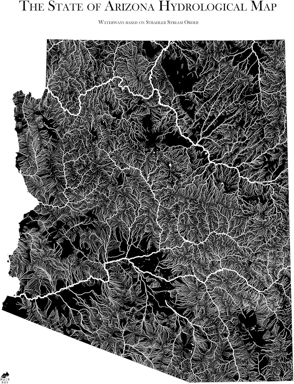 Muir Way Hydrological River Map of Arizona - Watershed Topographic Wall Art for Home, Office, or Travel Decor - Unframed Flat Paper Print, 18x24