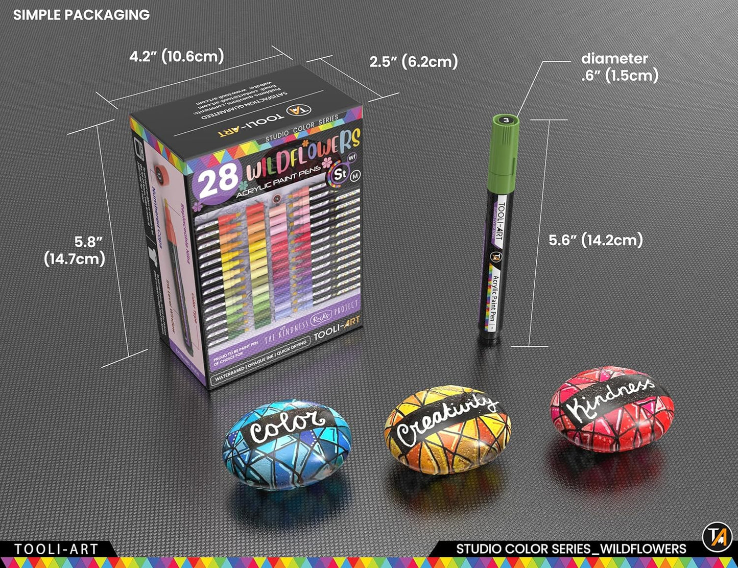 28 Wildflower Colors Acrylic Paint Pens Studio Color Series Markers Set 3mm Medium Tip, Rock Painting, Glass, Mugs, Wood, Metal, Canvas, DIY Projects, Detailing. Non Toxic, Waterbased, Quick Drying