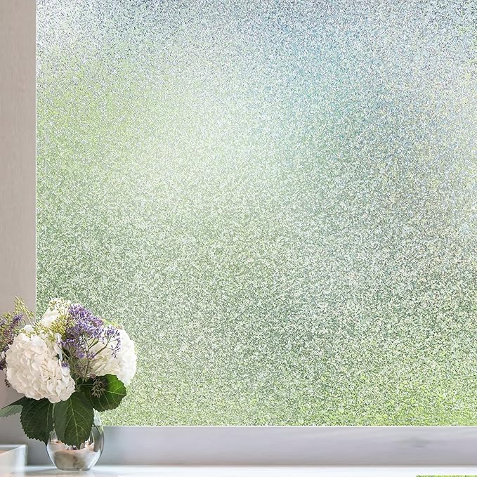Coavas Window Privacy Film Frosted Glass Static Clings, Decorative Bathroom Door Privacy Film Day and Night, Heat UV Blocking Anti-Glare Frosting Stickers Renter Non-Adhesive, 17.5x118.1 Inch, Silver