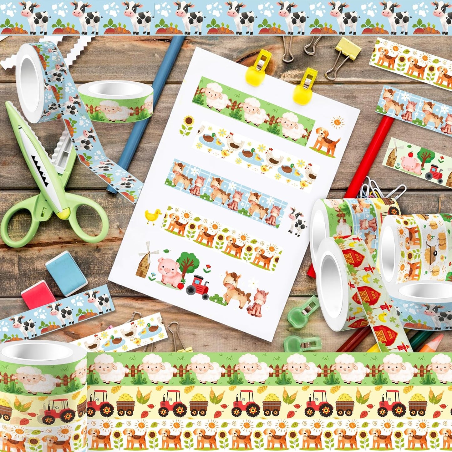 12 Pcs Farm Animals Washi Tape Farm Animals Masking Tape Decorations Farmhouse Cow Sheep Pig Ducks Decorative Paper Sticker for Vintage Journals, Planners, DIY Craft Gift Wrapping