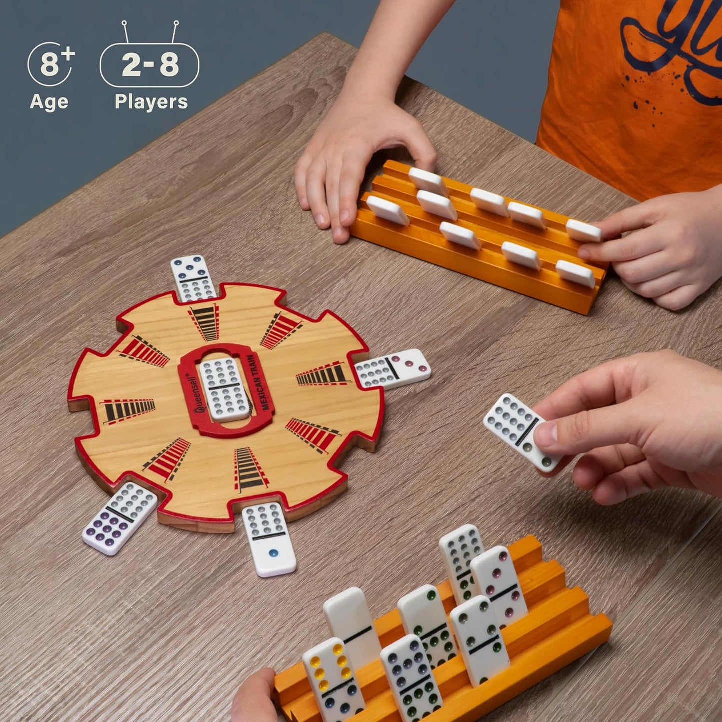 Queensell Wooden Mexican Train Hub – Mexican Train Accessories for Classic Domino Game – Mexican Train Centerpiece 7.8x7.8x0.5 in