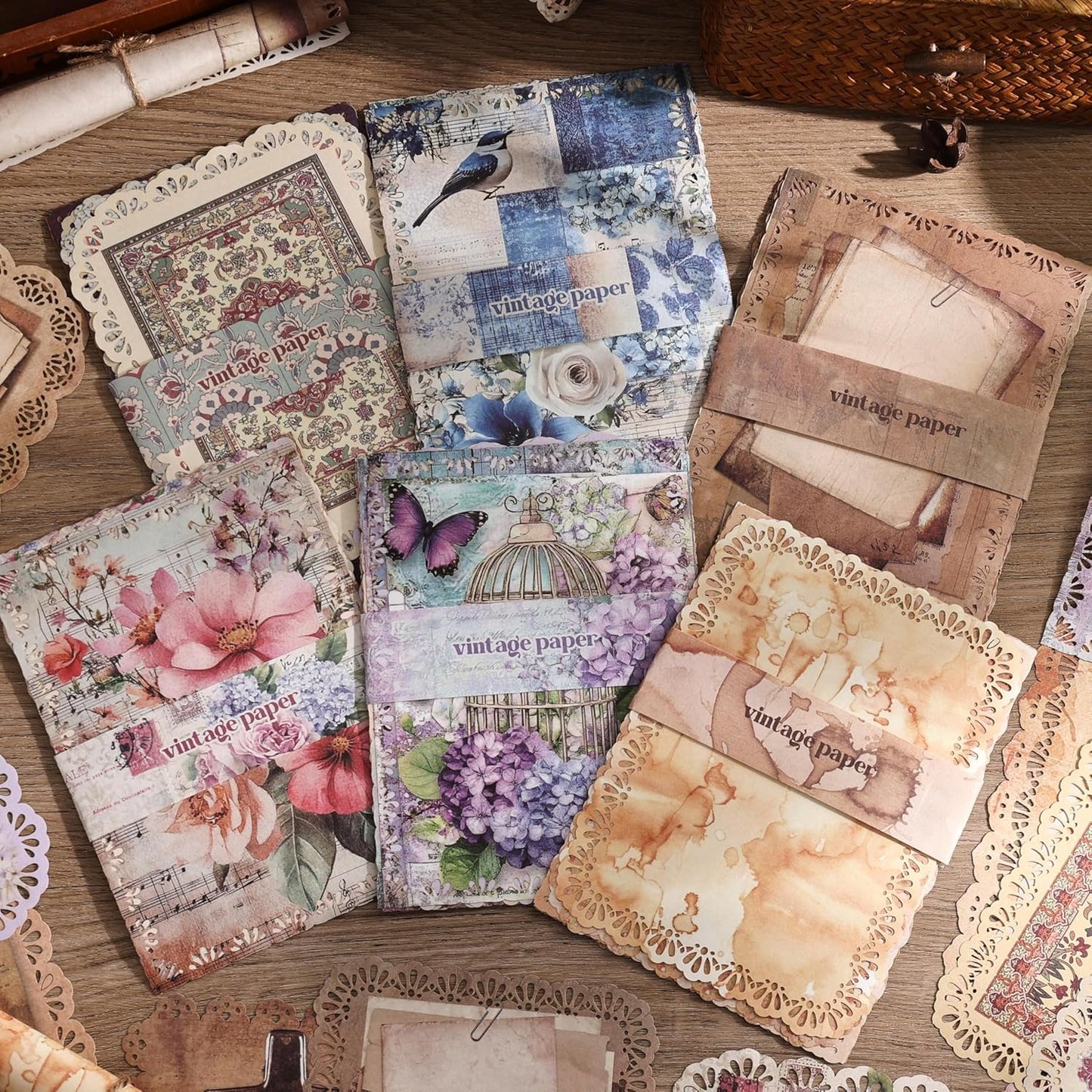 66 Sheets Lace Edged Scrapbook Paper Set, 6 Packs Vintage Decorative Paper Scrapbooking Supplies for Letter Writing Background Stationery Ephemera for Junk Journaling, DIY Art Collage 4.9x6.9 IN