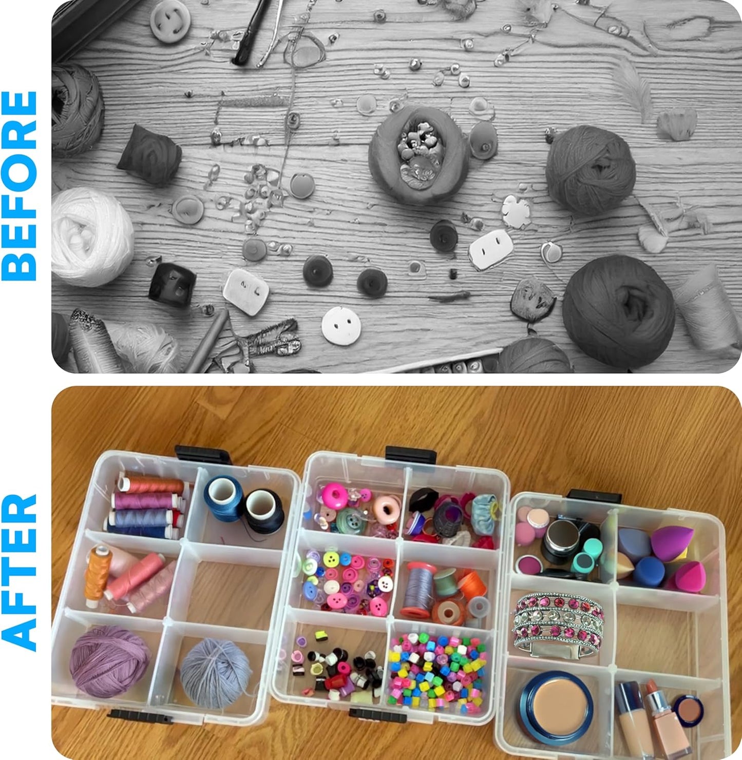 Bins & Things Clear 3-Tier Stackable Storage Containers with Lids - 18 Adjustable Compartments for Bead - Organizing Drawers for Jewelry, Kids Toys, Makeup