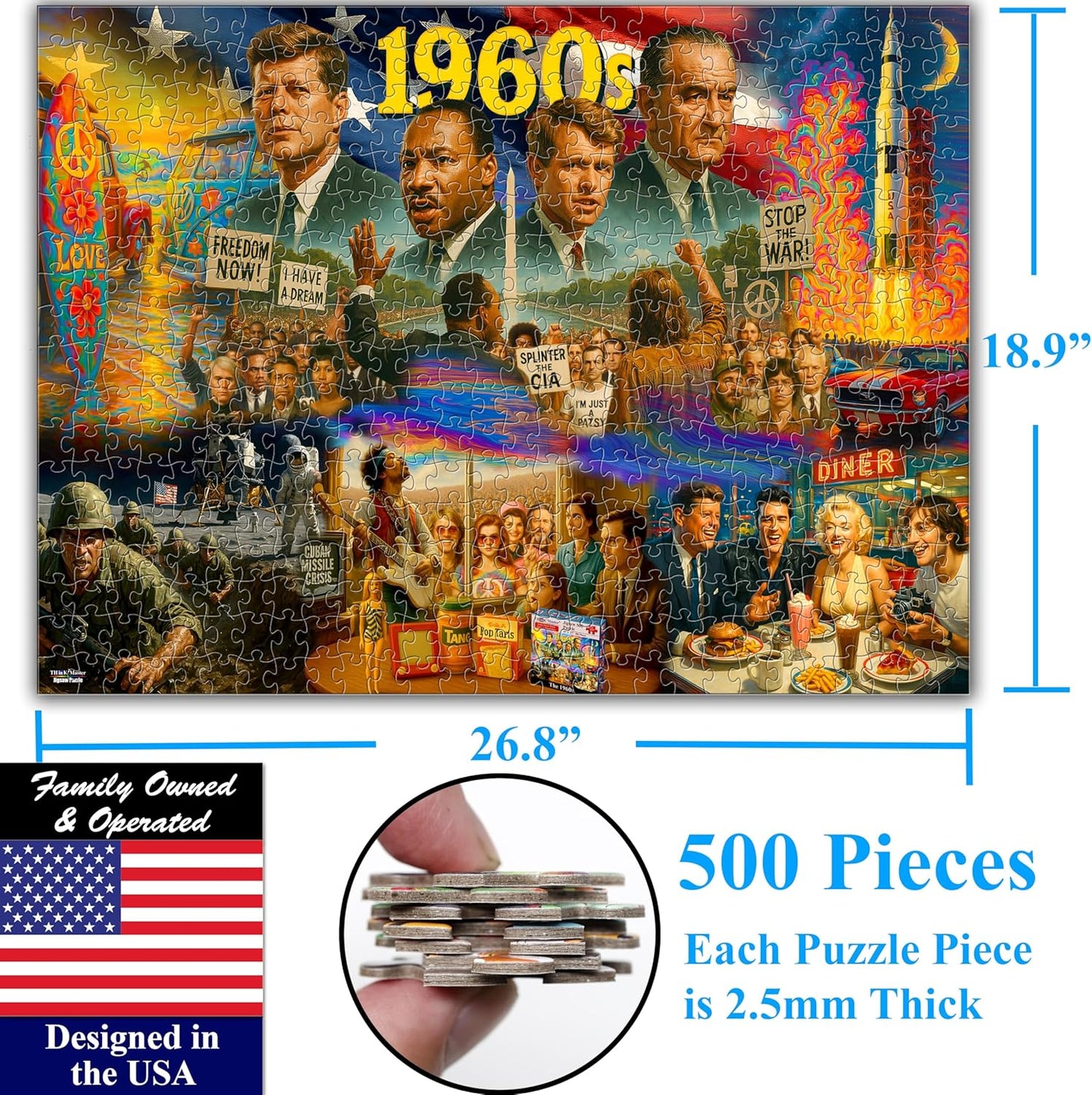 Think2Master 1960s 500 Pieces Large Format Jigsaw Puzzle: Kids 12+, Teens, Adults & Families. Travel Back in Time with The Nostalgic Collage. Great Gift. Size: 26.8” X 18.9”