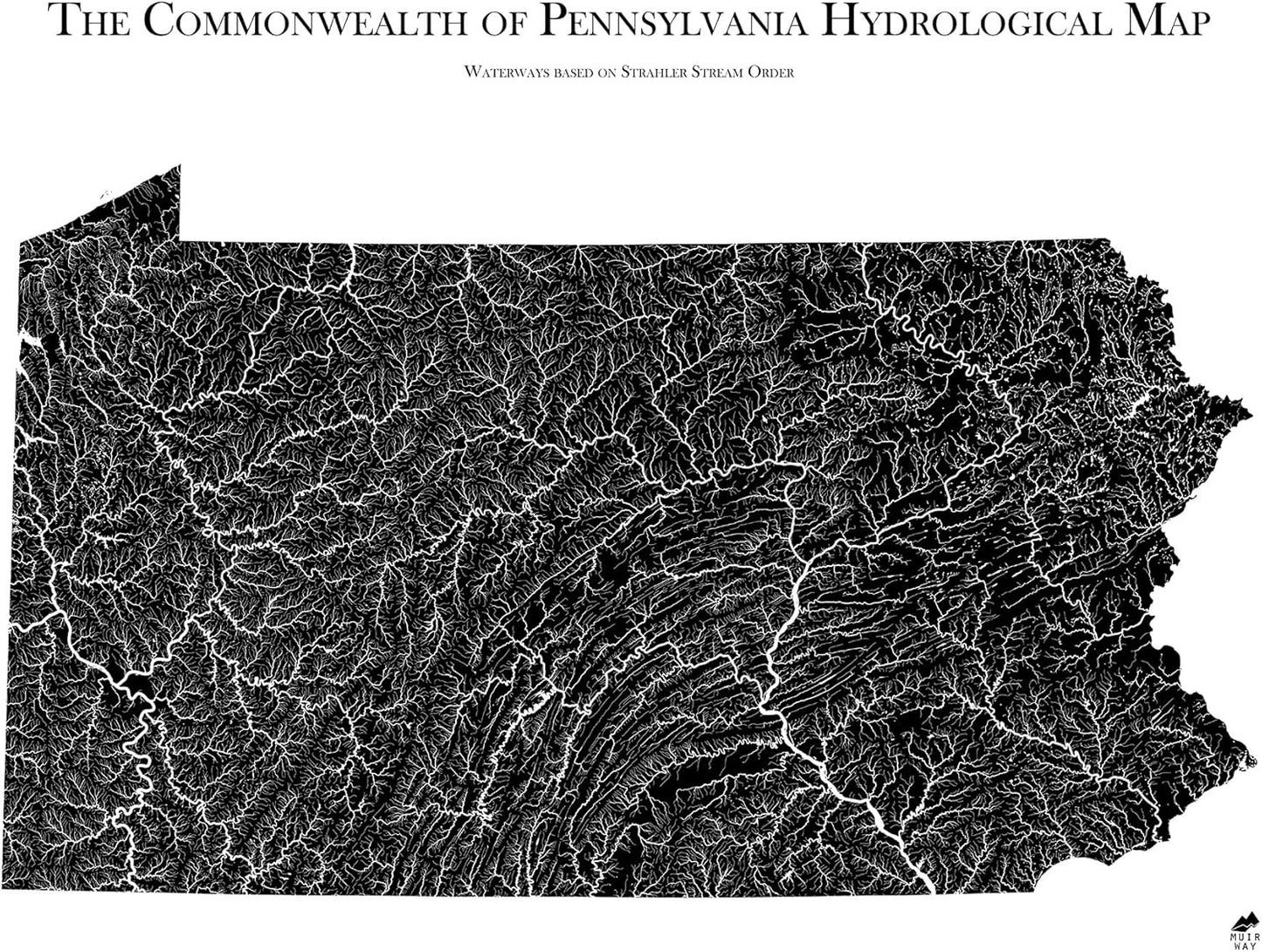 Muir Way Hydrological River Map of Pennsylvania - Watershed Topographic Wall Art for Home, Office, or Travel Decor - Unframed Flat Paper Print, 24x30
