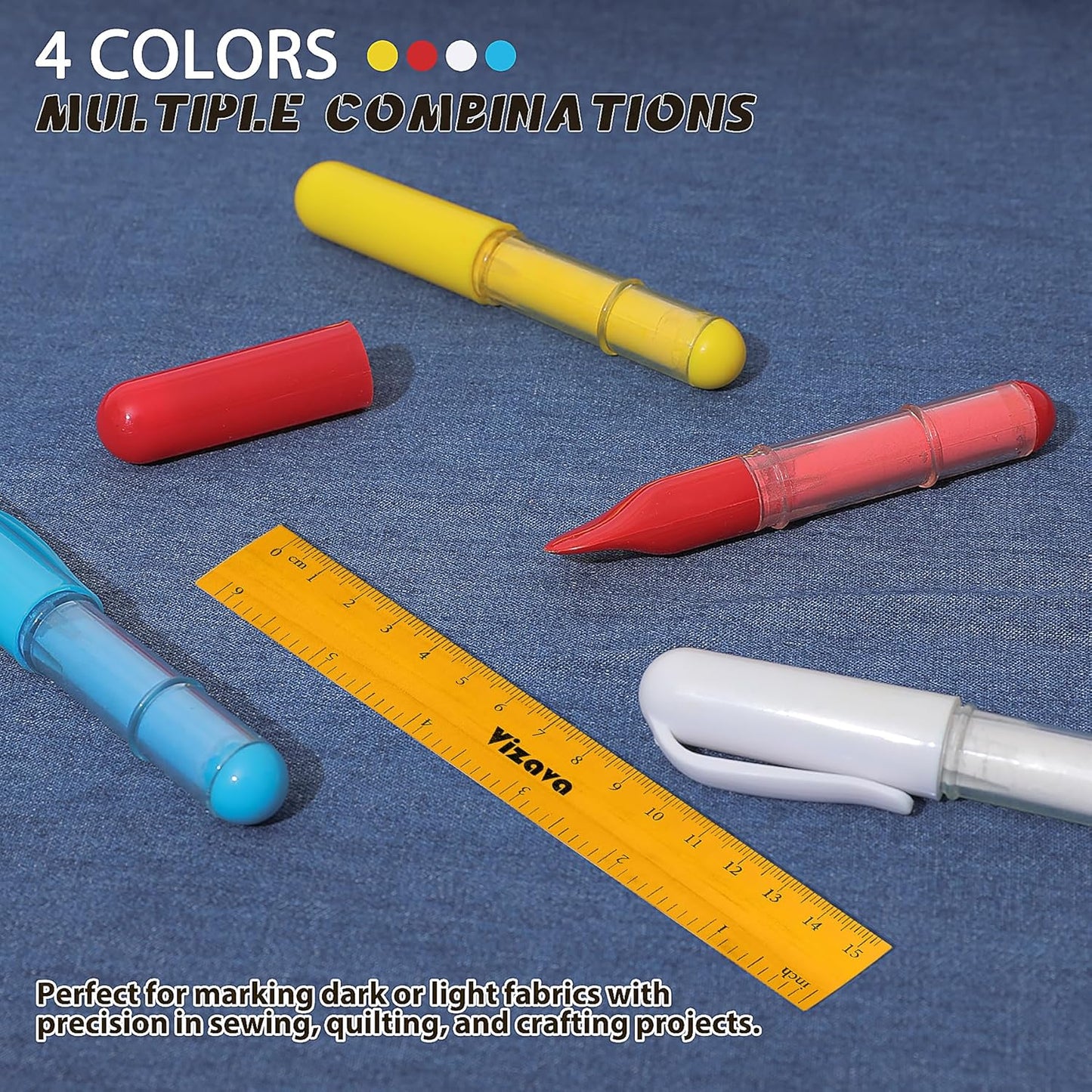 Fabric Chalk Markers for Sewing,Quilting,Crafting|Erasable Tailor Chalk|Work on Various Fabrics|Dosing Wheel Drawing Intricate Patterns Precise Lines-Per Pack(Red,Yellow,Blue,White and 1Ruler)