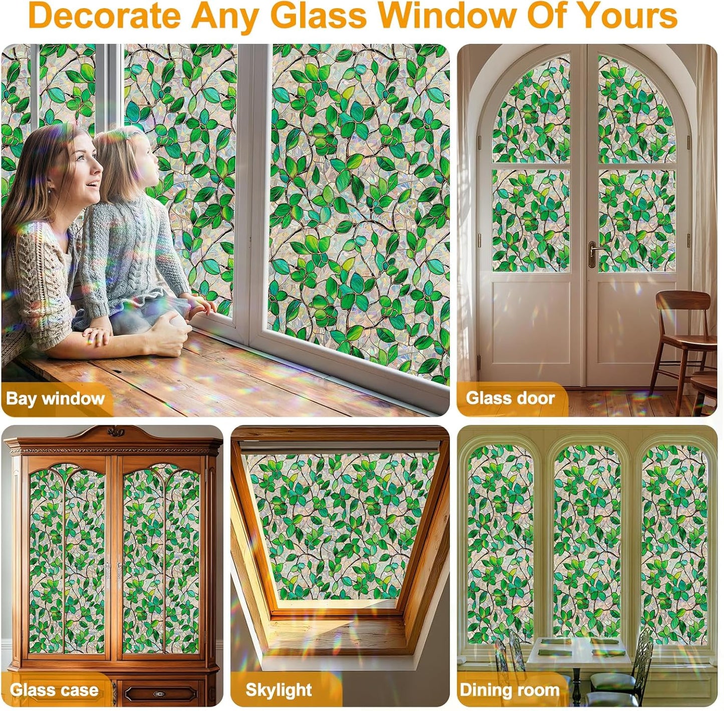 Window Privacy Film Stain Glass Window Film Rainbow Window Film Window clings Non-Adhesive Reusable Decorative for Room (Greenery Leaf, 23.6 x 78.7 in)