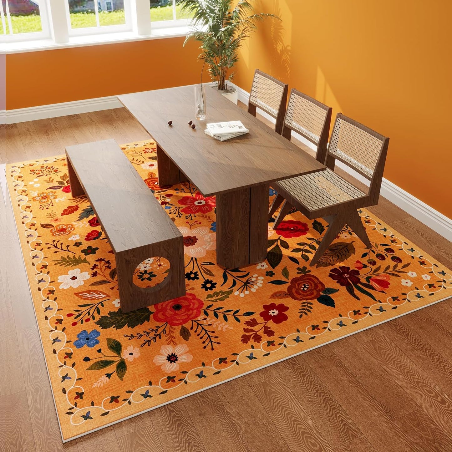 Rugcomf Living Room Rug 5x7 Rug Machine Washable Boho Area Rug Non Slip Floral Vintage Low Pile Large Rugs for Living Room, Bedroom, Farmhouse, Dining Room, Kids Playroom(Yellow)