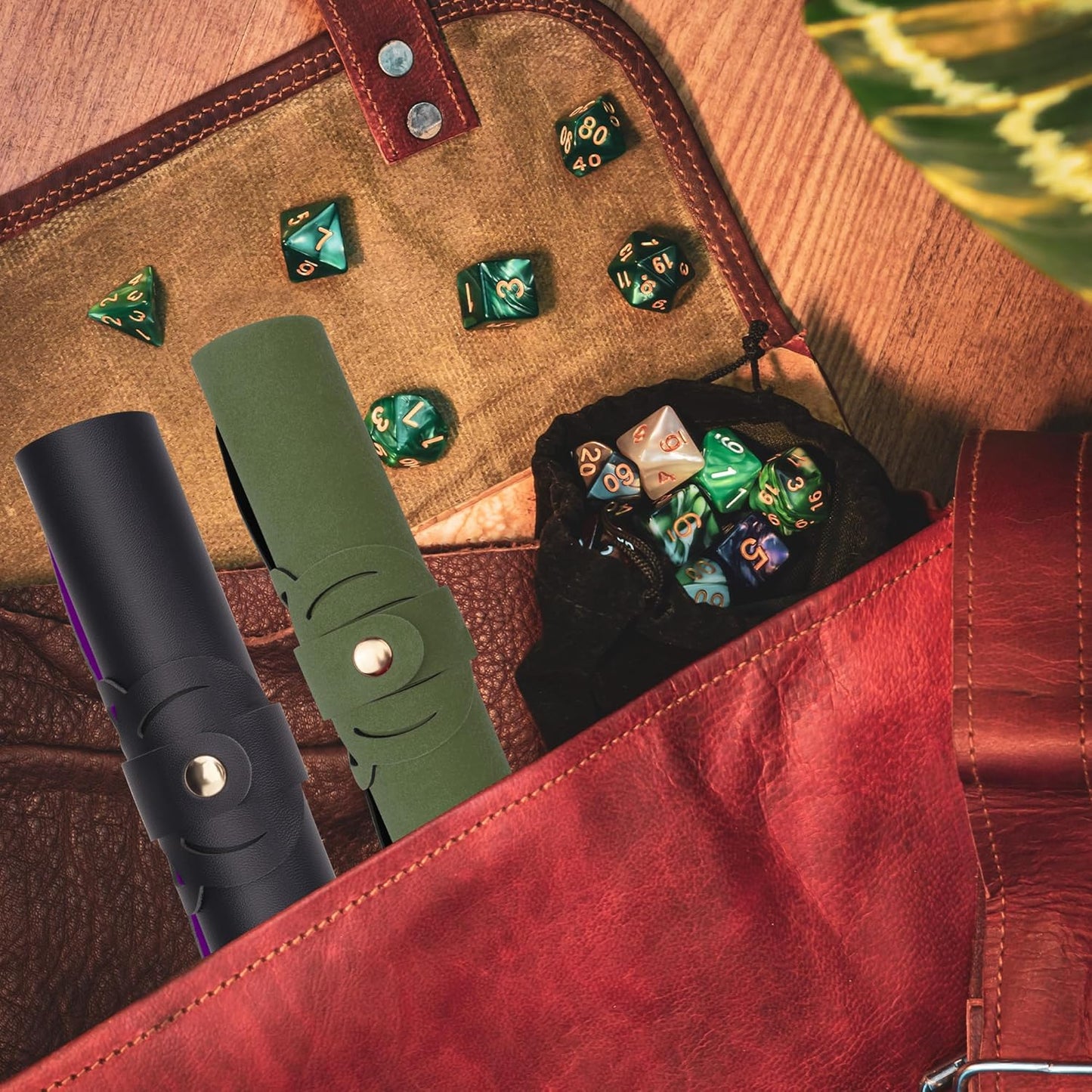 SIQUK 2 Pieces Octopus Dice Rolling Tray PU Leather Dice Mat Folding Scroll Dices Holder Trays for D&D RPG Games (Dark Green, Violet)