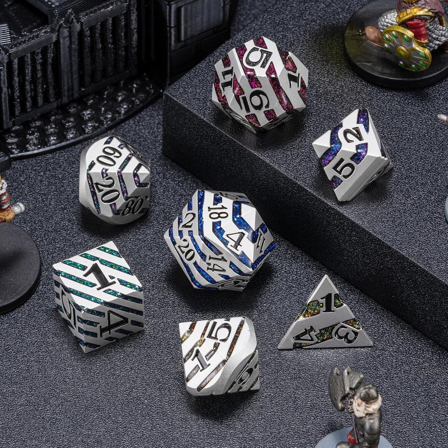 Metallic Stripes Dice with Gift Case, D&D Metal Polyhedral Dice Sets for Tabletop Games (Pearl Silver Seven Colors)