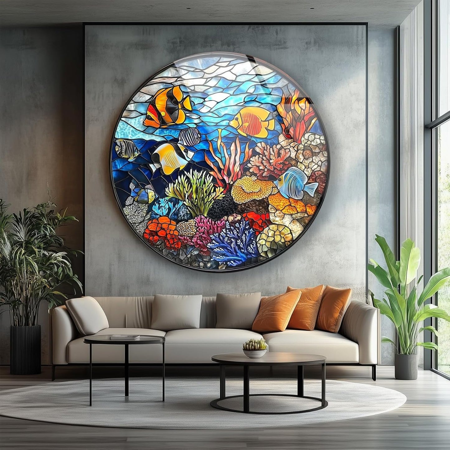 My Photostation.com 31.5''(80cm) Diameter Coral Reef Mosaic Round Glass Wall Art Tempered Glass Printing Wall Decor Large Wall Art Wall Hangings