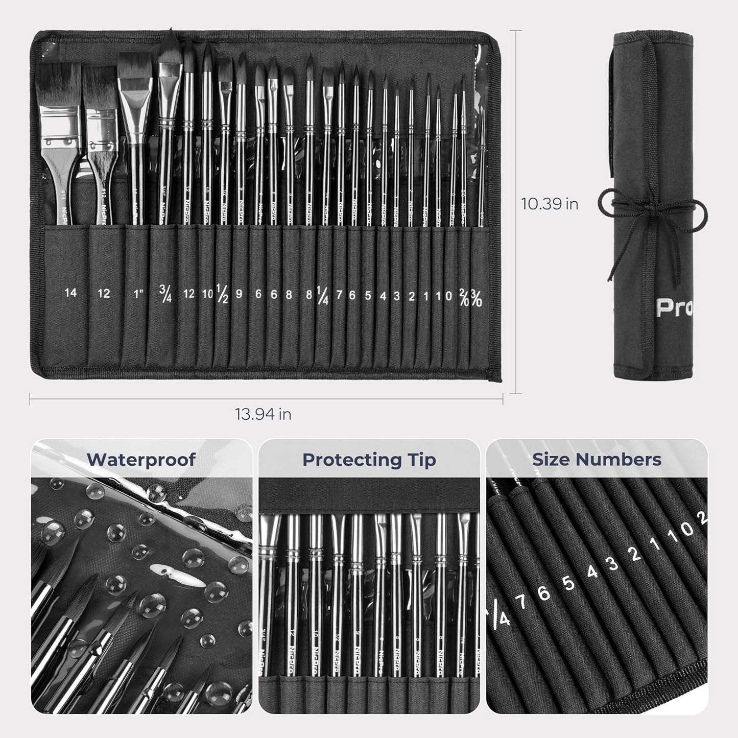 Nicpro 24pcs Watercolor Brushes Professional, Soft Synthetic Squirrel Hair Watercolor Brush Set with Cloth Roll, Round, Liner, Flat, Filbert, Dagger, Cat Tongue for Water Color Gouache Inks Painting