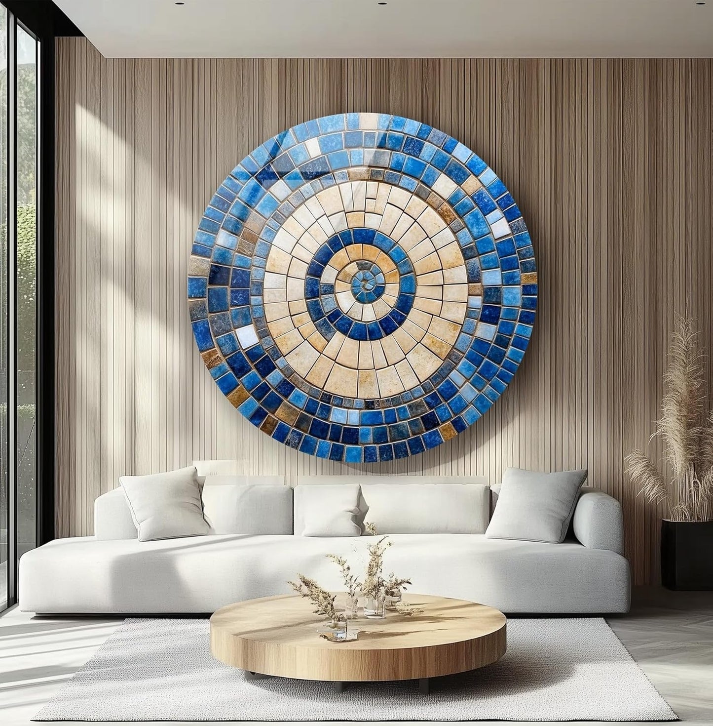My Photostation.com 39,4''(100cm) Diameter Coastal Sunburst Beige & Blue Round Glass Wall Art Tempered Glass Printing Wall Decor Large Wall Art Wall Hangings