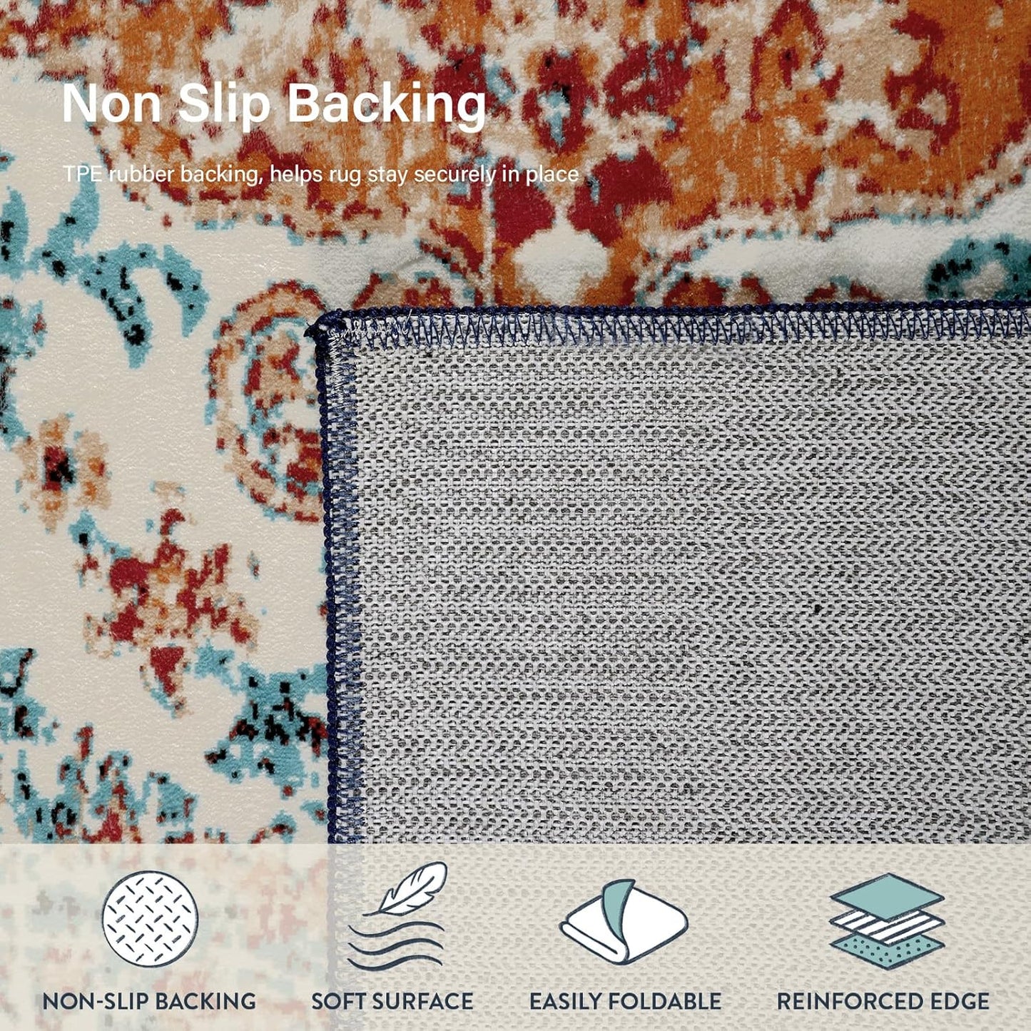 Lahome Boho Rugs for Living Room 8x10,Washable Orange Bedroom Area Rug Soft Low Pile Dining Room Rugs for Under Table,Vintage Thin Non Slip Printed Nursery Area Rug for Playroom Office(8x10ft Orange)