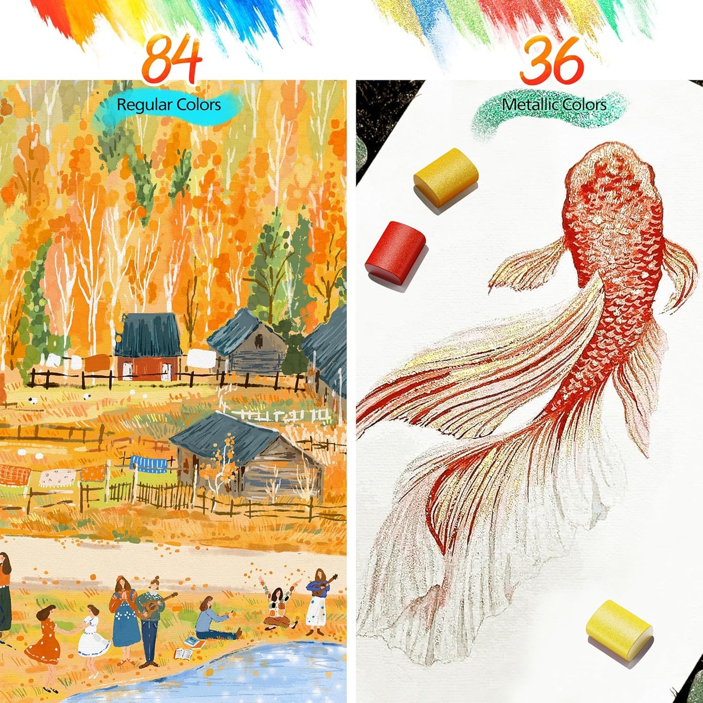 Caliart Watercolor Paint Set, 100 Colors Portable Travel Water Color Palette Kit with Detail Painting Brush, Art Supplies Christmas Gifts for Artists Adults Painters Beginners