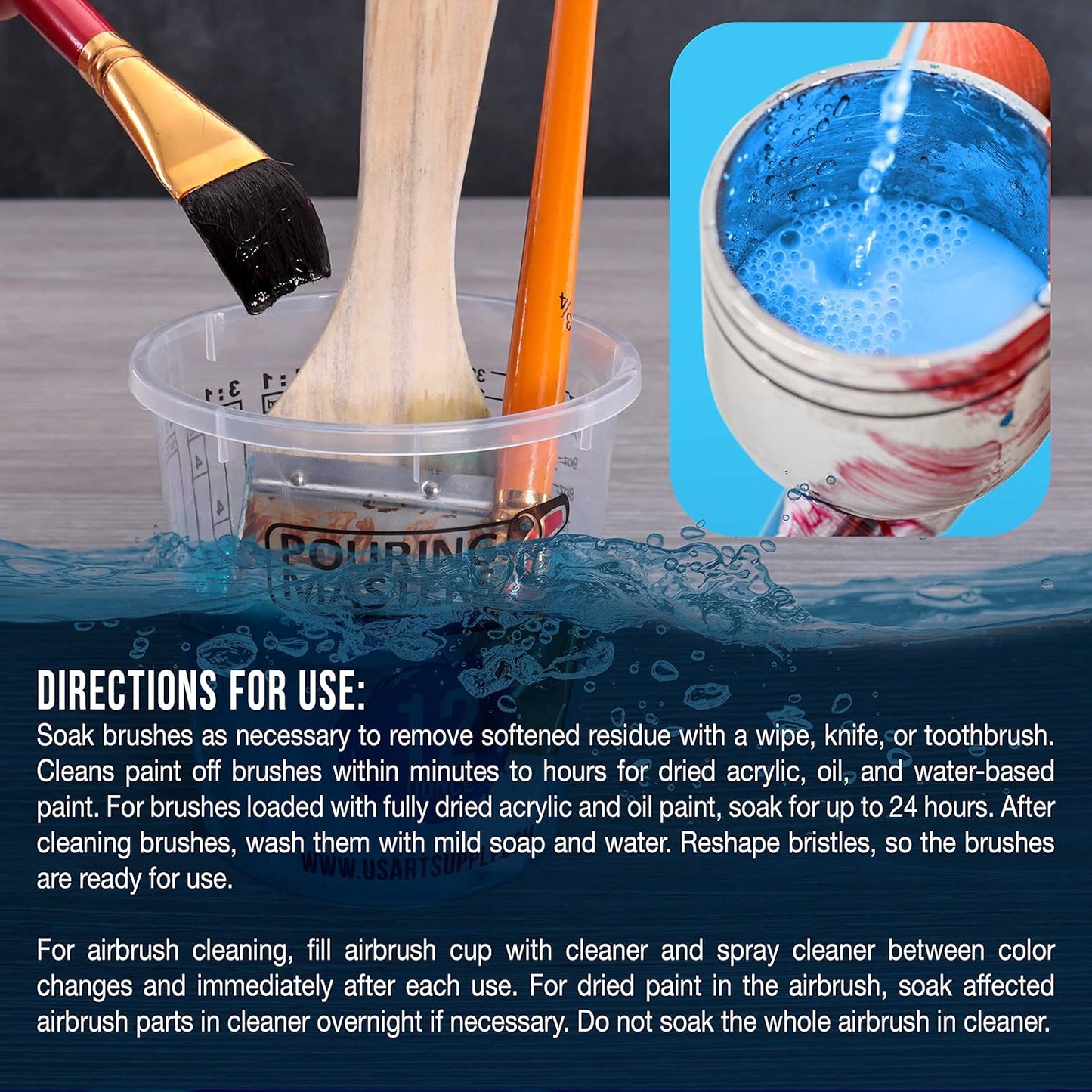 Master Airbrush Cleaner, 16-Ounce Pint Bottle - Fast Acting Cleaning Solution, Quickly Remove Water-Based Acrylic Paint, Watercolor, Makeup - Clean Clogged Airbrushes, Brushes, Artist Tools