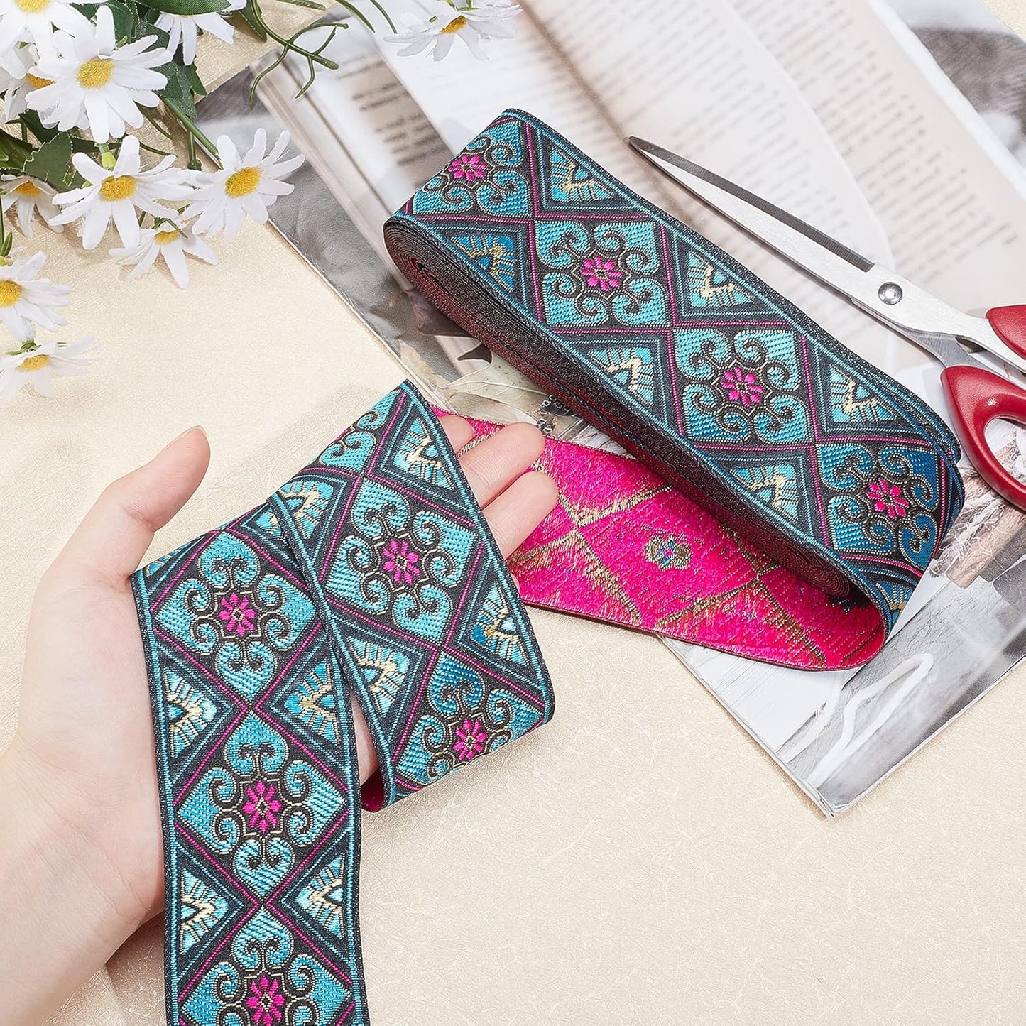 PH PandaHall 2 Inch Embroidered Woven Ribbon, 7 Yards Vintage Jacquard Ribbon Boho Flowers Straps Fabric Trim for Bohemian Persian Clothes Bag Holiday Christmas Decor Gift Wrap Decor