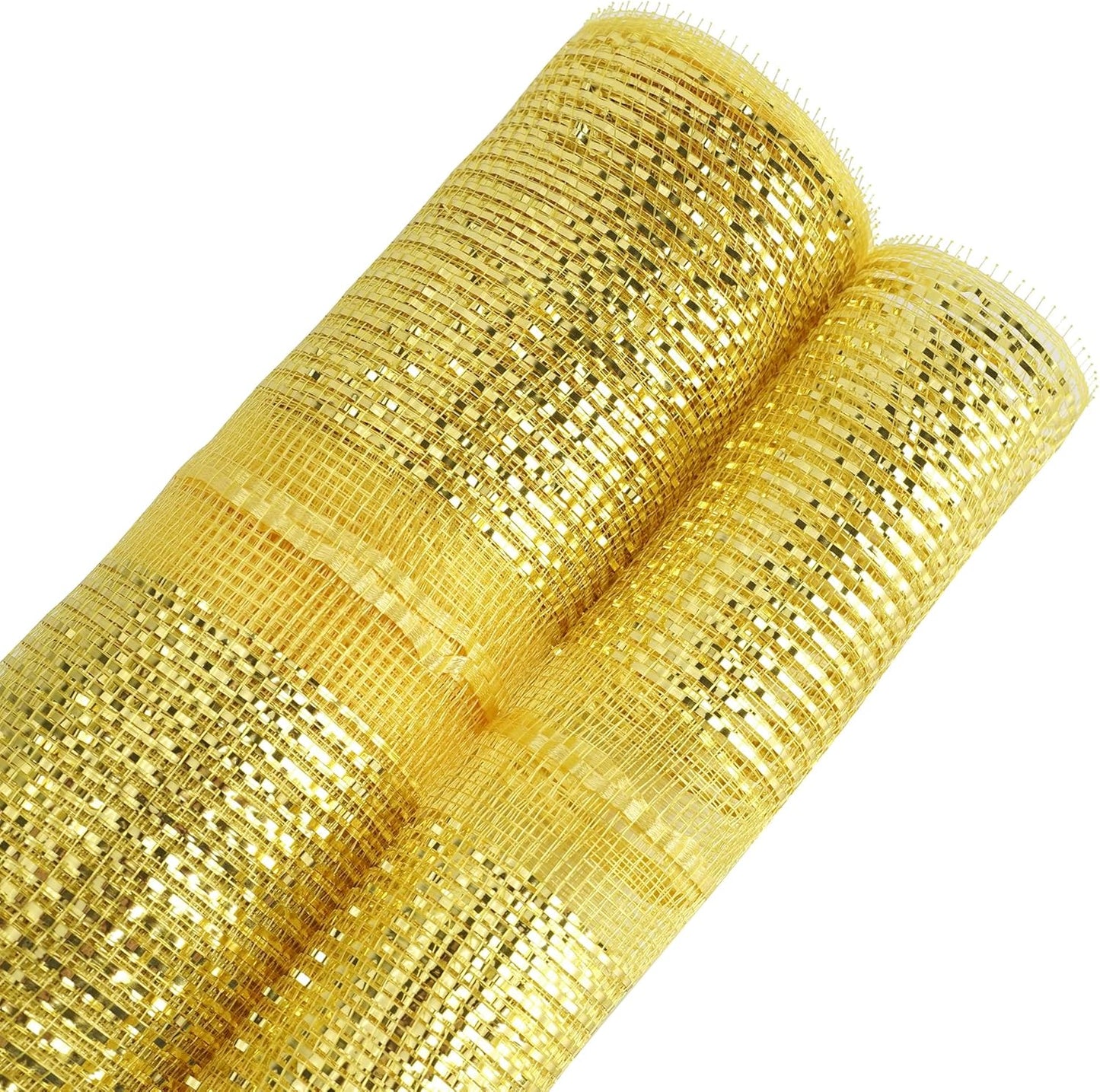 MEEDEE Gold Deco Mesh 10 Inch Deluxe Wide Foil Metallic Pull Up Mesh Yellow Gold Decorative Mesh Ribbon for Christmas Tree, Wreaths, Garland, Gift Wrapping, Bows Making (30 Feet)